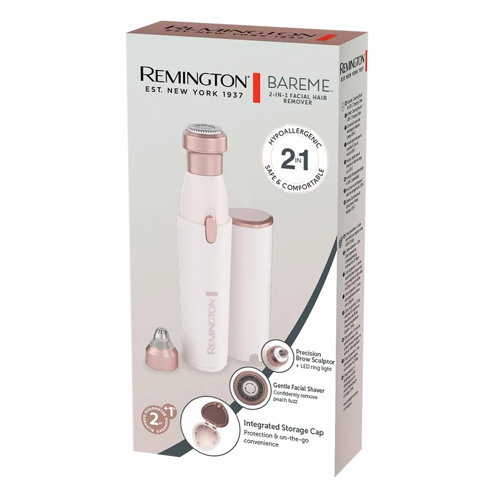 Remington Golarka do twarzy dla kobiet [2 w 1: golarka do twarzy i trymer do brwi] BareMe (wodoodporna, depilacja górnej wargi, podbródka i policzków, akumulator, USB-C, szczotka i nasadka) WFS200