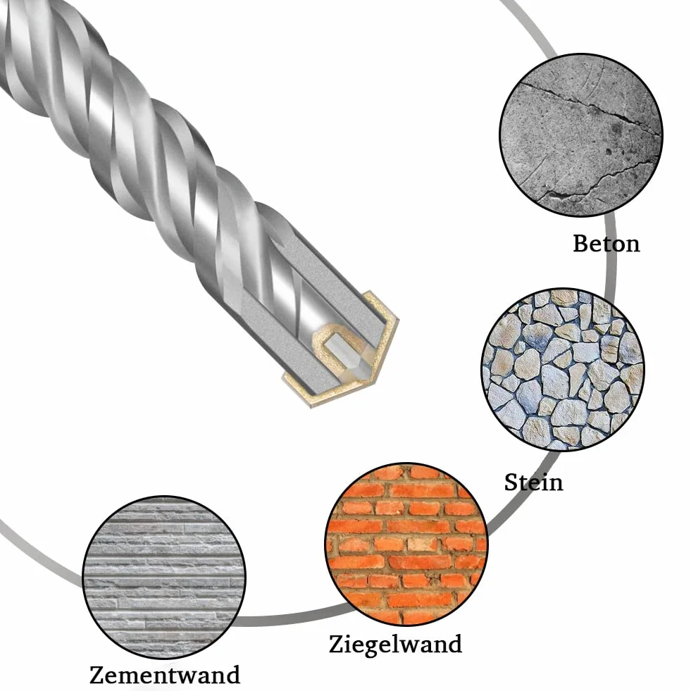 20-częściowy zestaw wierteł SDS Plus – wiertło udarowe SDS do betonu, cegły, cementu, kamienia z 4 ostrzami – trzonek SDS Plus pasujący do młotowiertarki