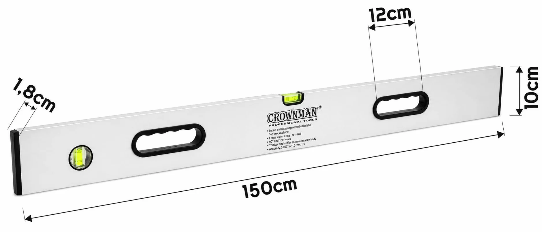 Poziomica aluminiowa budowlana 150 cm, 3 libelle, precyzyjne narzędzie pomiarowe do poziomowania, remontu, montażu i prac wykończeniowych