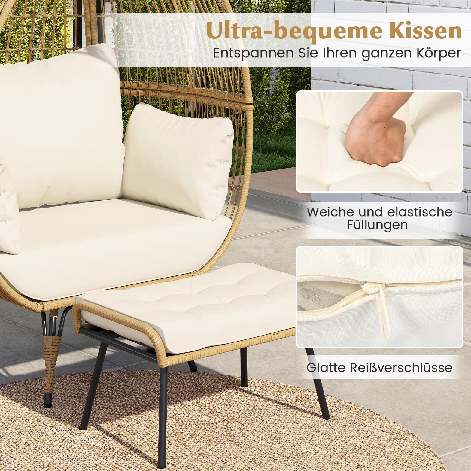 COSTWAY Wiklinowy Fotel Rattanowy XXL z Taboretem, Ogrodowy z Poduszkami i Metalowym Stelażem, Wypoczynkowy na Balkon, do Ogrodu, Salonu, na Taras