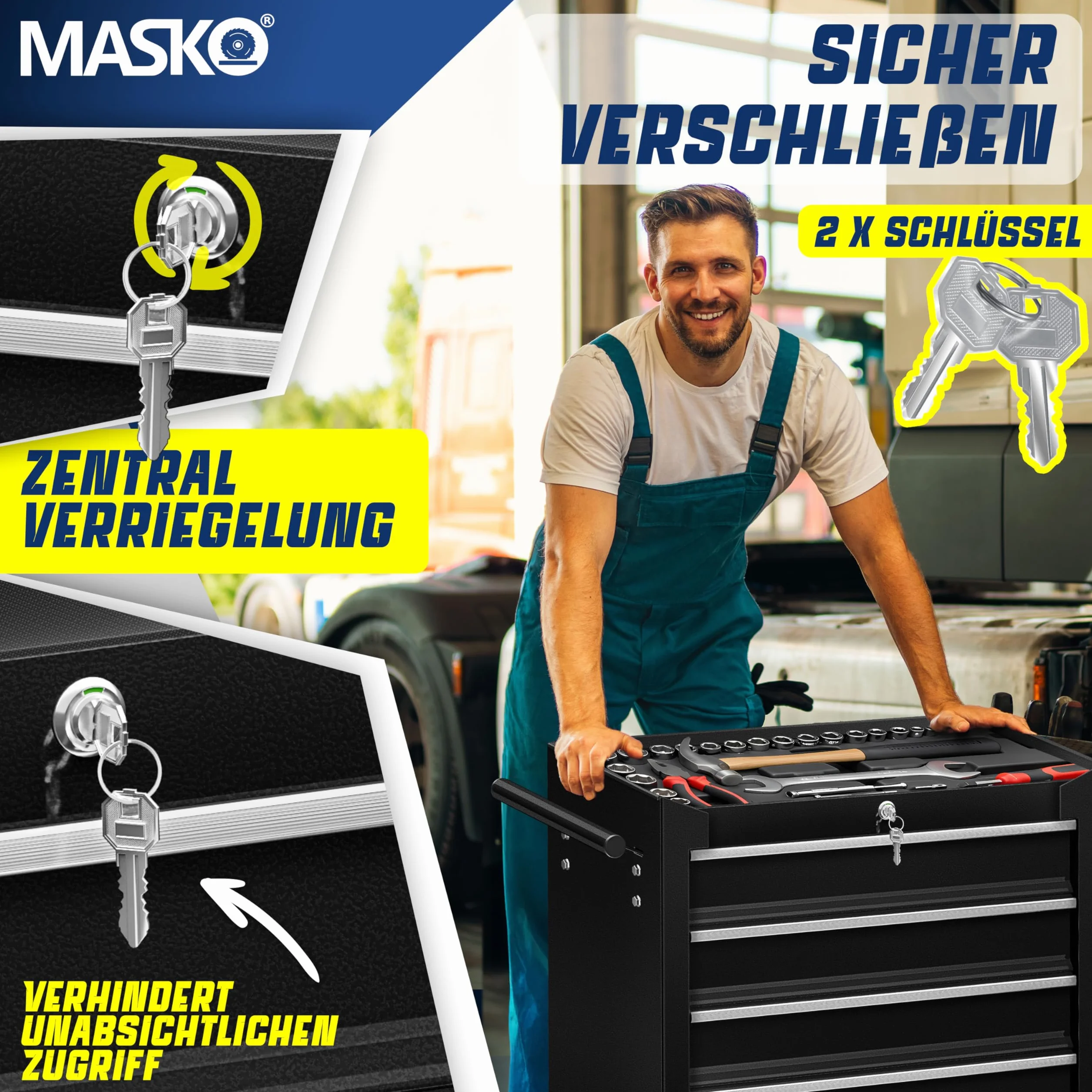 MASKO Wózek warsztatowy – 5 szuflad, czarny | zamykany | lity metal | mobilny wózek narzędziowy bez narzędzi | profesjonalny wózek warsztatowy | wózek do przechowywania narzędzi z zamkiem |