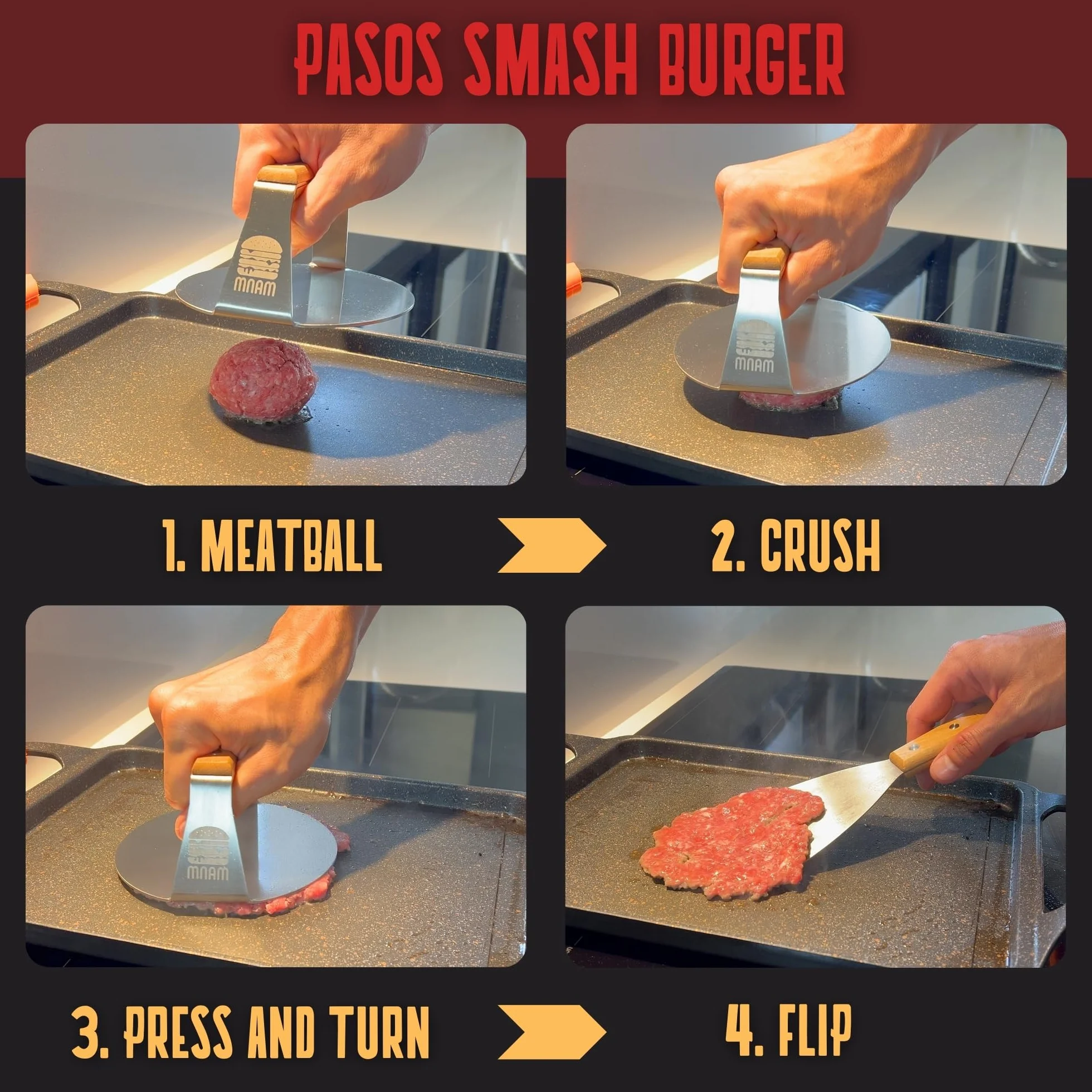 Prasa do hamburgerów Smash - stal nierdzewna, zestaw Smash Burger z łopatką, forma do hamburgerów do domu, idealny do grillowania i żelazka - profesjonalny Smasher drewniany uchwyt