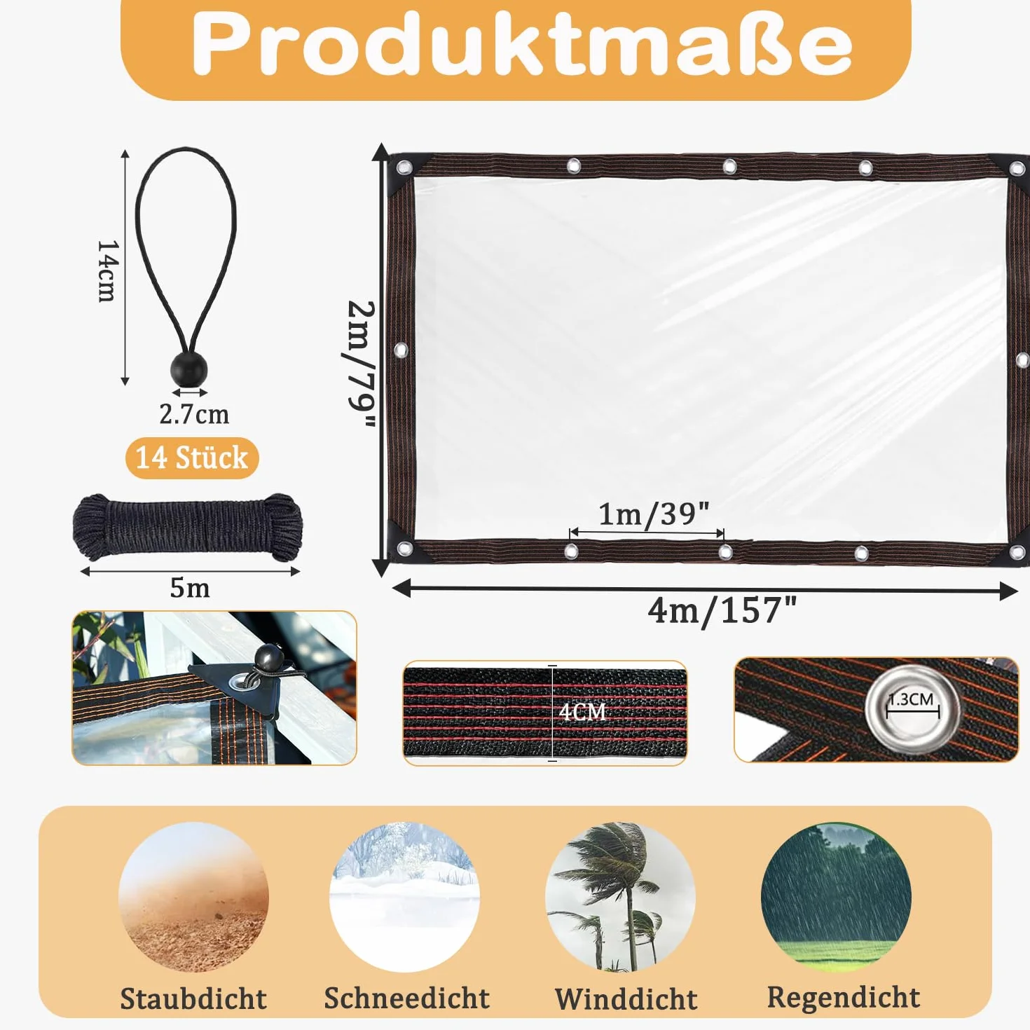 Przezroczysta plandeka z oczkami, 2 x 4 m, ochrona przed wiatrem, wodoszczelna, przezroczysta plandeka z napinaczem do plandek, na zewnątrz, na taras, do ogrodu, na balkon, kemping