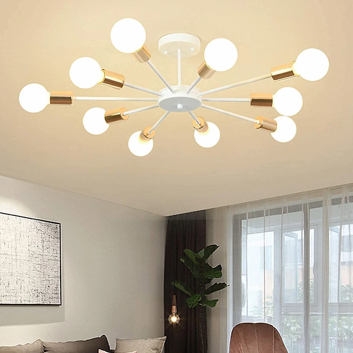 Wpuszczana lampa sufitowa, białe nowoczesne żyrandole, 10 świateł E27 Podstawa przemysłowa Półsufitowe lampy wiszące Oprawa do sypialni Salon Kuchnia Farm Wystawa sztuki
