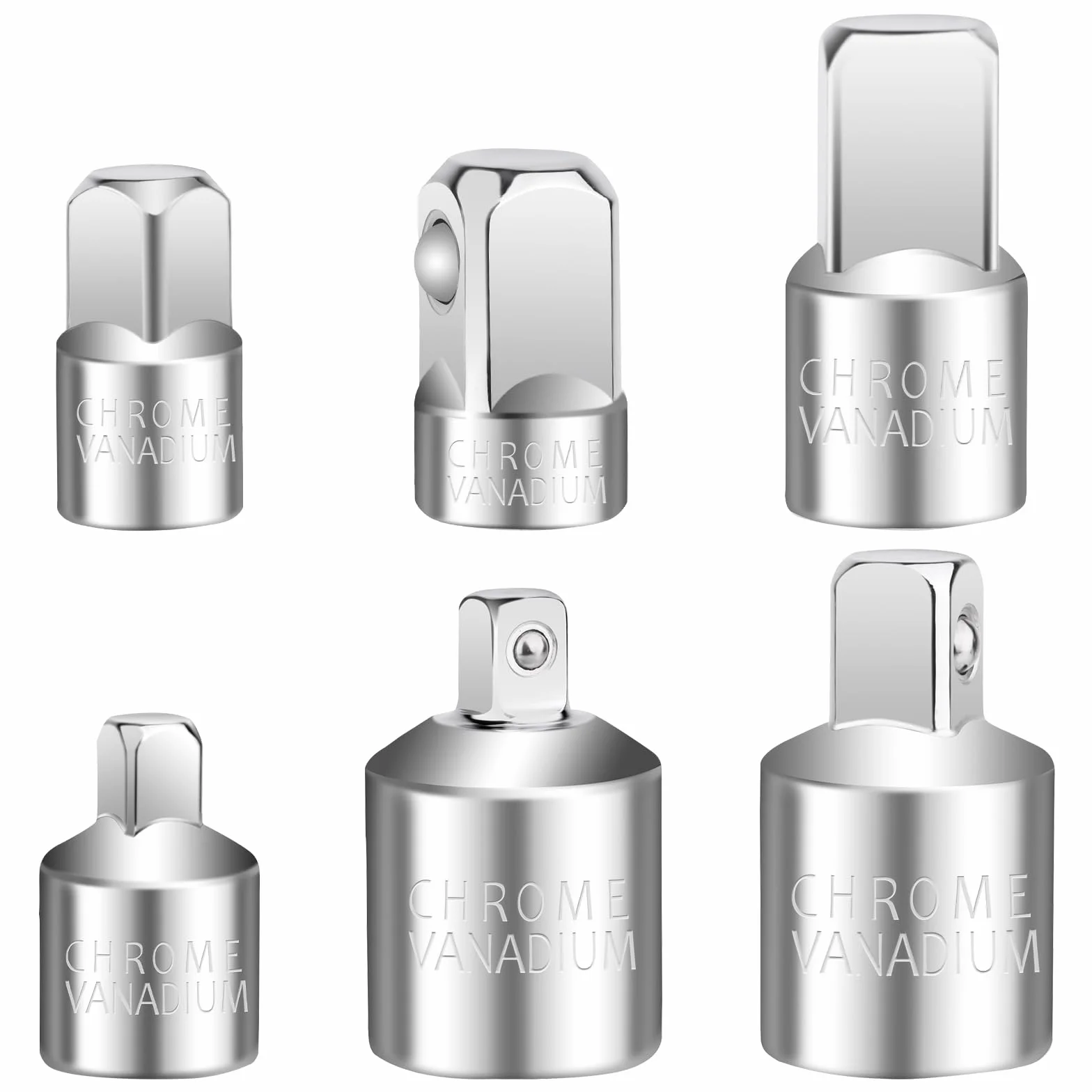 6 sztuk adapterów nasadowych, zestaw adapterów, adapter z grzechotką redukcyjną 1/2„ do 3/8”, 3/8„ do 1/2”, 1/2„ do 1/4”, 1/4„ do 1/2”, 1/4„ do 3/8”, 3/8„ do 1/4”, adaptery do nasadek i końcówek
