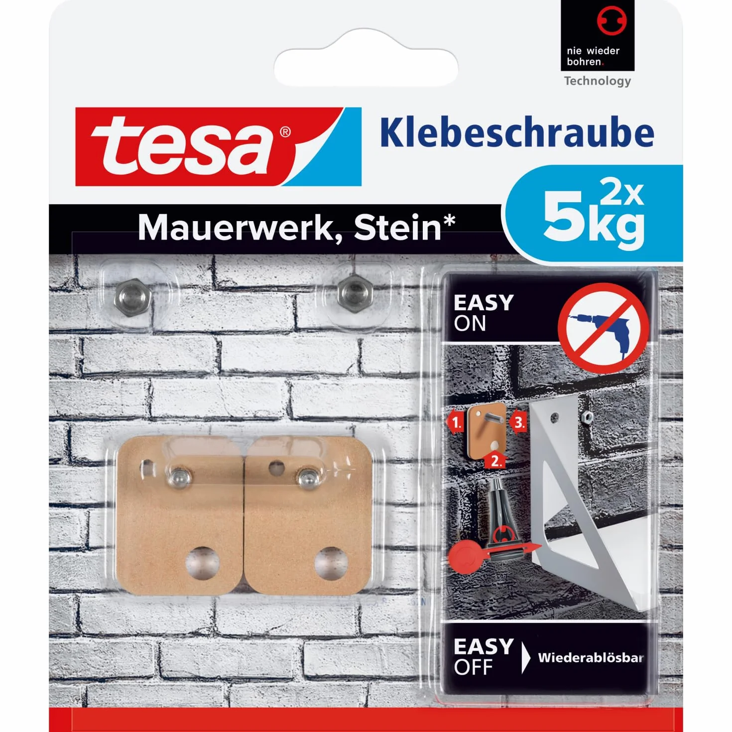 tesa Śruba klejąca do muru i kamienia, moc trzymania 5 kg, czworokątna, 2 sztuki
