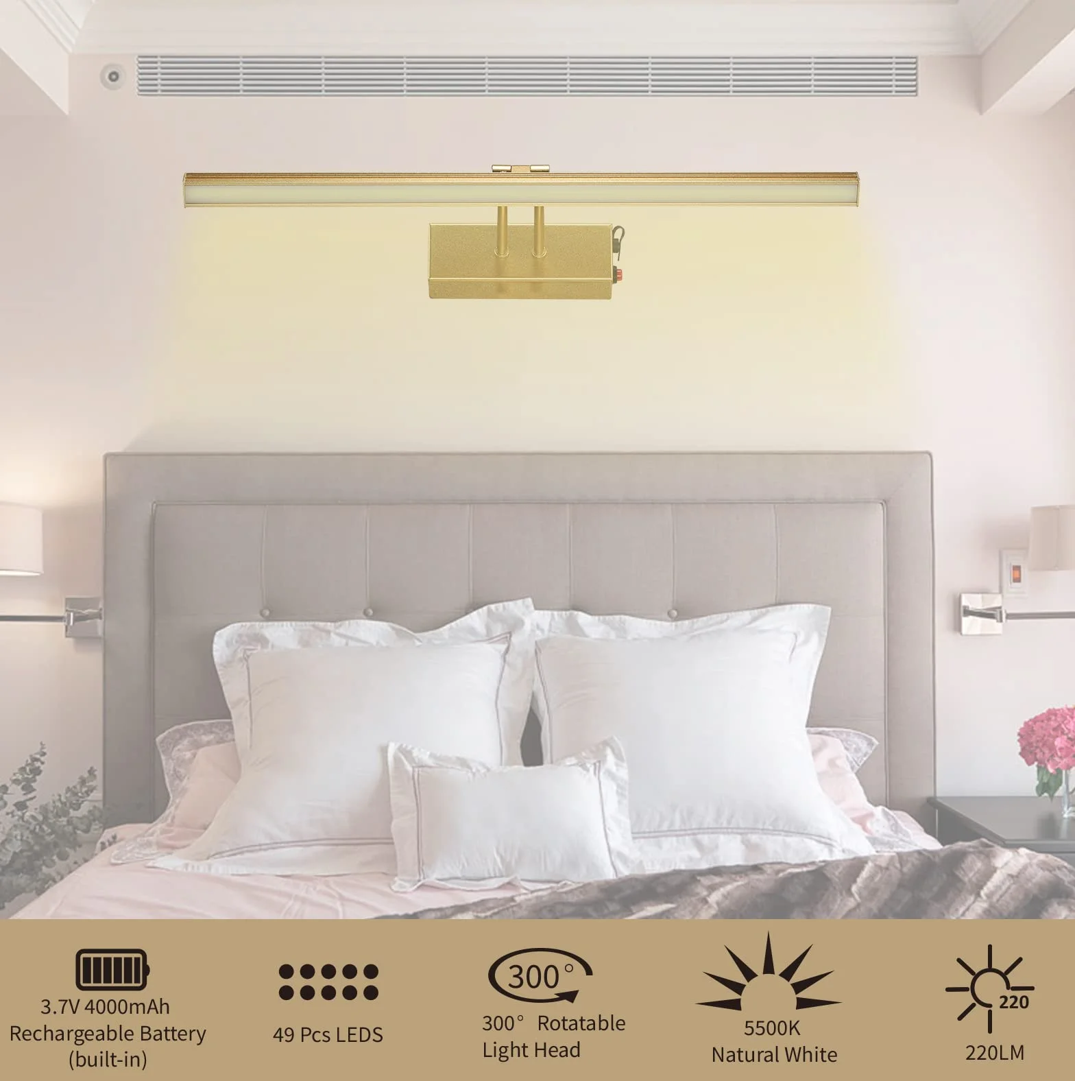 Lampa ścienna LED, 17" całe metalowe oświetlenie wielokrotnego ładowania, bezprzewodowa lampa LED do rzutek, malowane lustro, rama, dzieło sztuki, lustro, 5500 k, 220 lm, złota