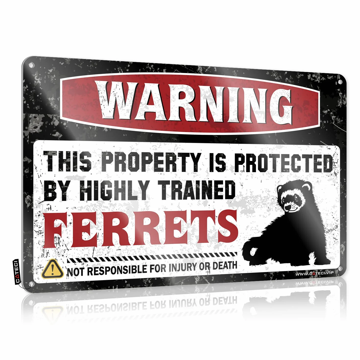 COTECI 'Warning This Property is Protected by a Highly Trained Ferrets' blaszany znak uważaj na Halloween dekoracja łazienki 30 x 40 cm