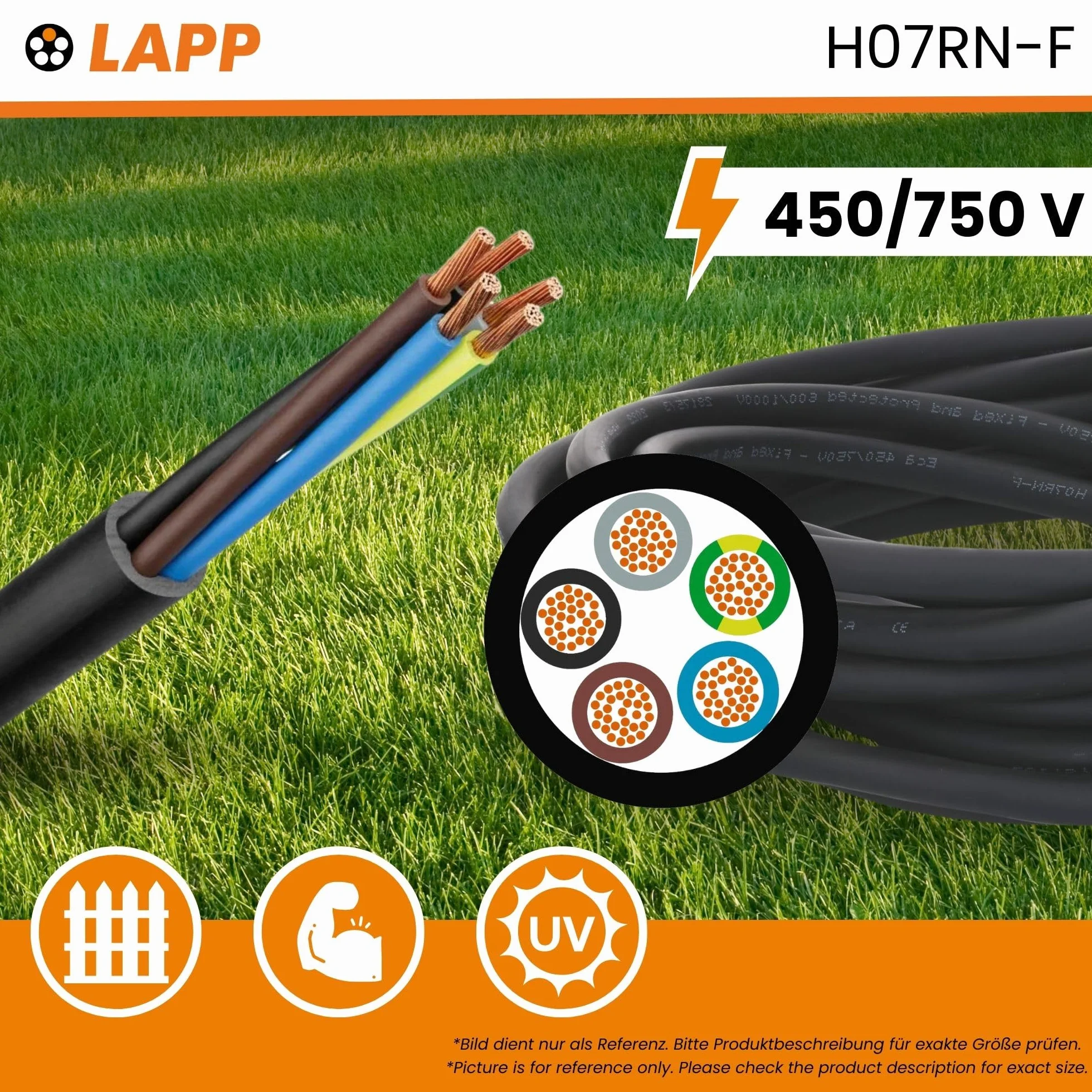 10 metrów Lapp 1600152 H07RN-F 7 x 2,5 mm², przewód gumowy, elastyczny z przewodem ochronnym, odporny na promieniowanie UV, do użytku na zewnątrz, odporny na olej, trudnopalny, przewód przyłączeniowy