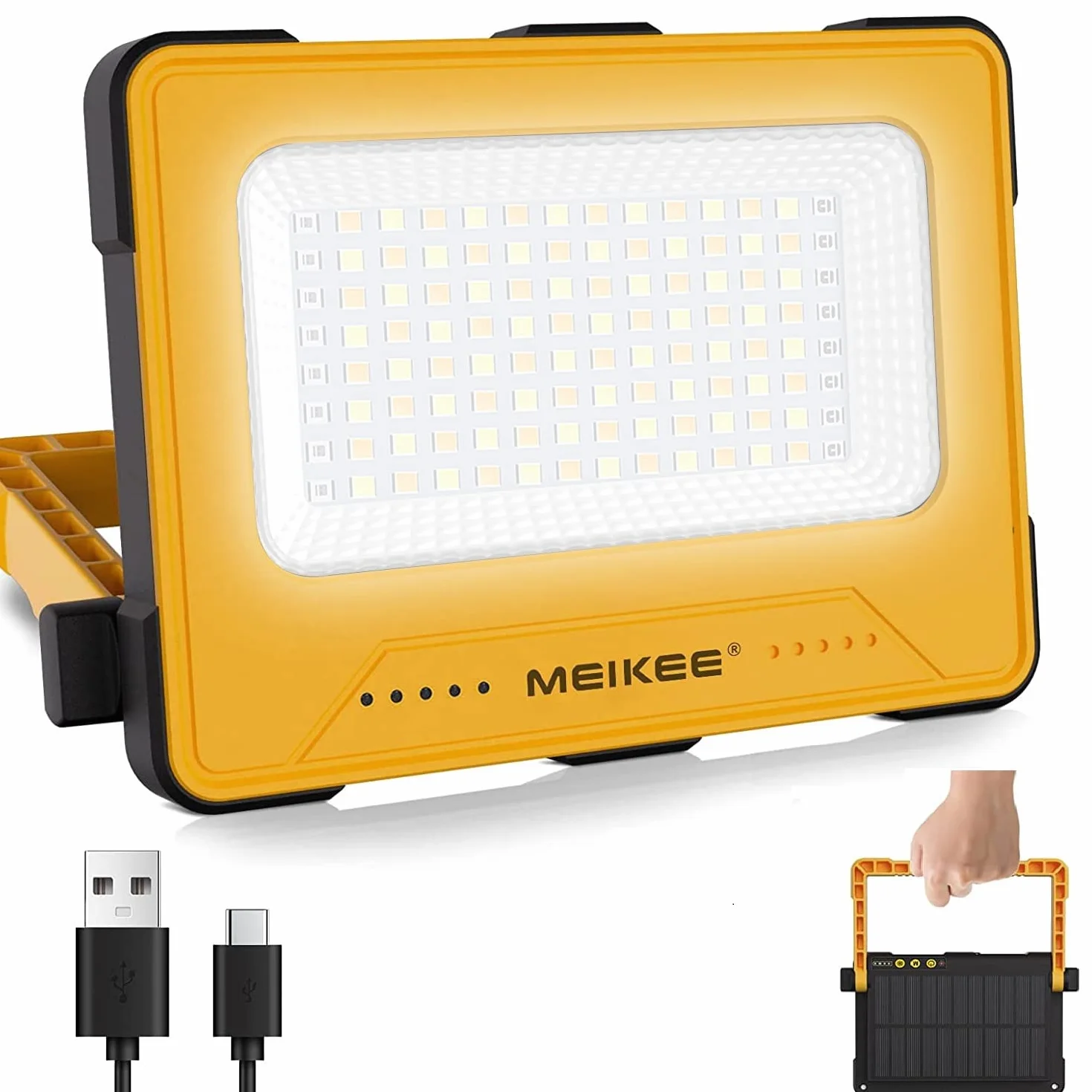 Lampa LED do ładowania, MEIKEE reflektor LED 60 W, super jasny, przenośny, 12000 mAh, ładowany przez USB i energię słoneczną, 16 trybów magnetycznego światła roboczego, latarnia na kemping, na plac