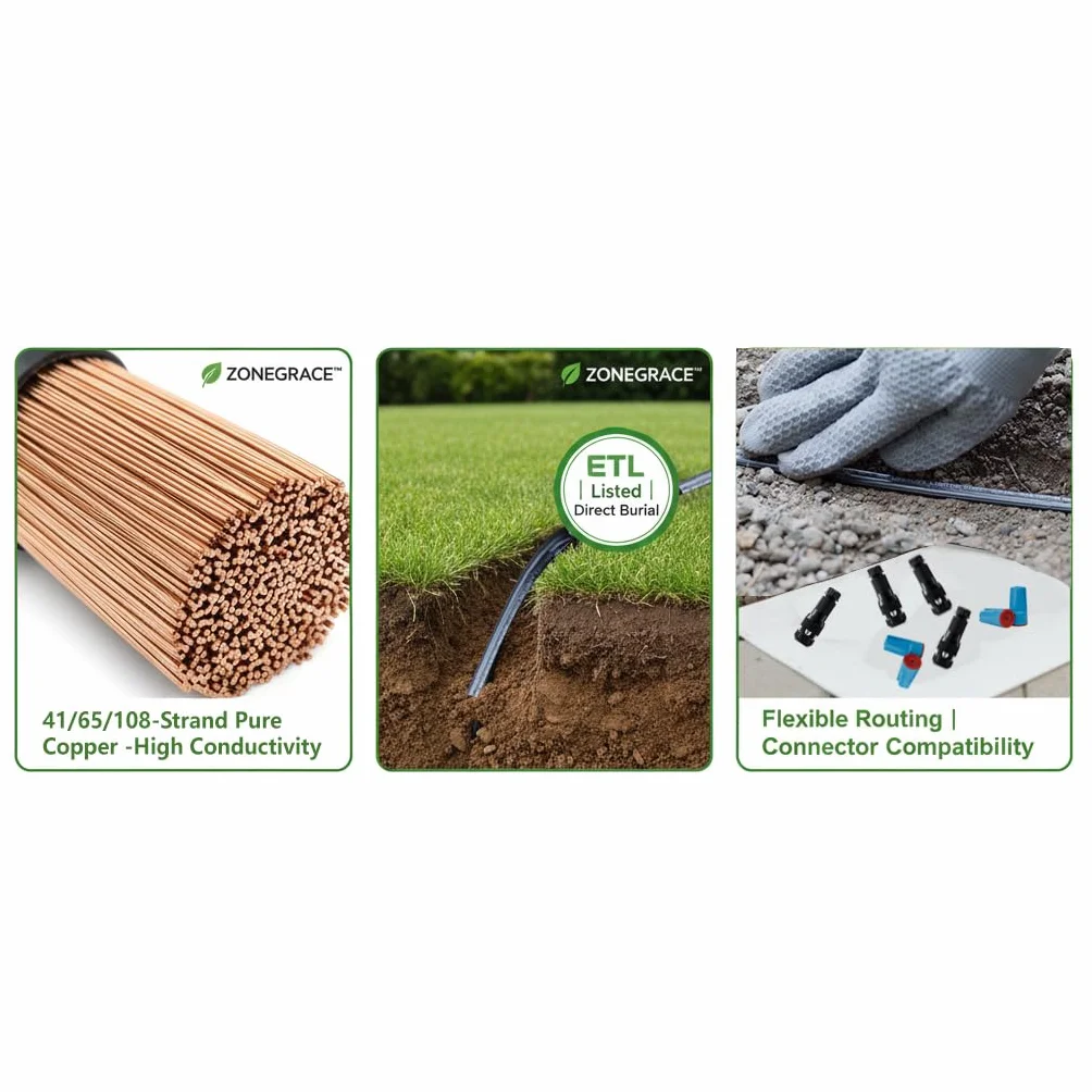 ZONEGRACE Kabel krajobrazowy niskiego napięcia 12/2 12/2 z certyfikatem ETL kabel krajobrazowy oplot z czystą miedzią (65 x 0,254 mm), kabel krajobrazowy niskiego napięcia