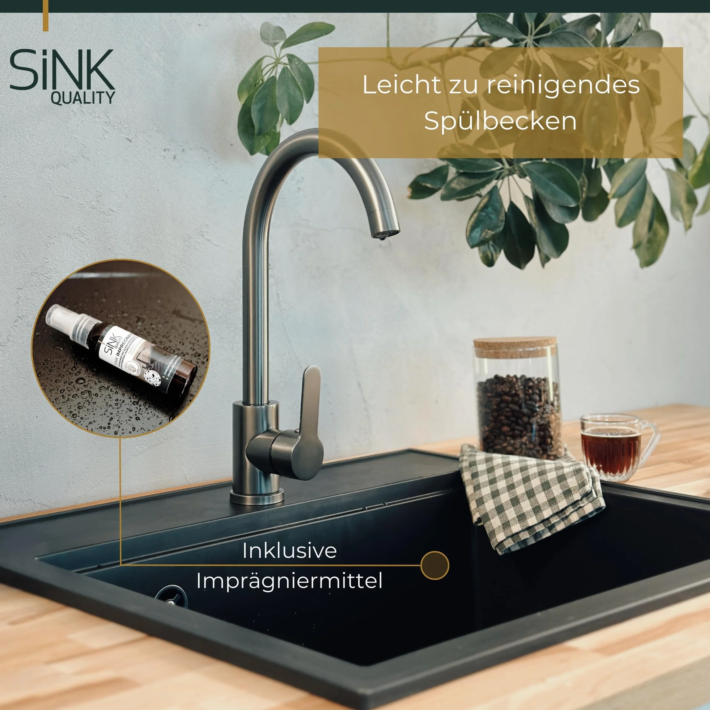 SINK Quality zlewozmywak biały granit 56 x 51 cm – nowoczesny zlewozmywak kuchenny z deską do krojenia, syfon, złoty, ociekacz, środek impregnujący, zlewozmywak do zabudowy, umywalka pojedyncza do