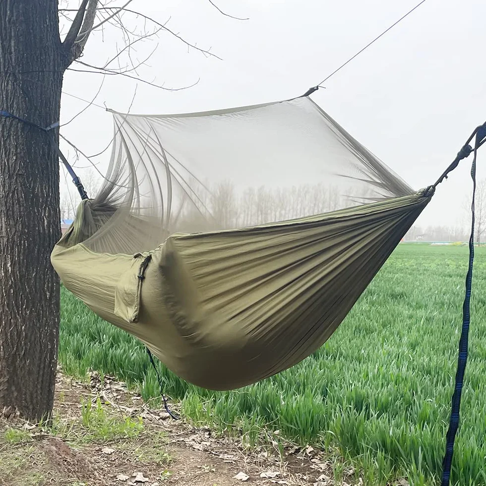 Hamak z moskitierą 300 kg nośność przenośny ogrodowy kempingowy odporne na deszcz