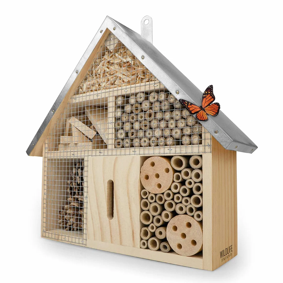 Wildlife Friend Domek dla owadów z naturalnego drewna i metalu do mocowania – idealny dla pszczół, biedronek, motyli – wymiary 25 x 7,5 x 28 cm – metalowy dach