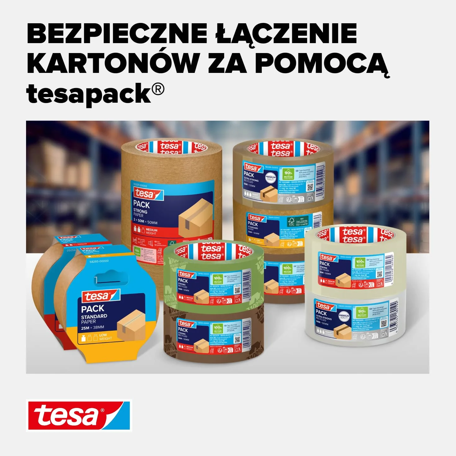 tesapack STRONG RECYCLED - taśma pakowa z 100% tworzywa z recyklingu, do paczek średniej wagi, odporna na UV i starzenie, przezroczysta, 66 m x 50 mm