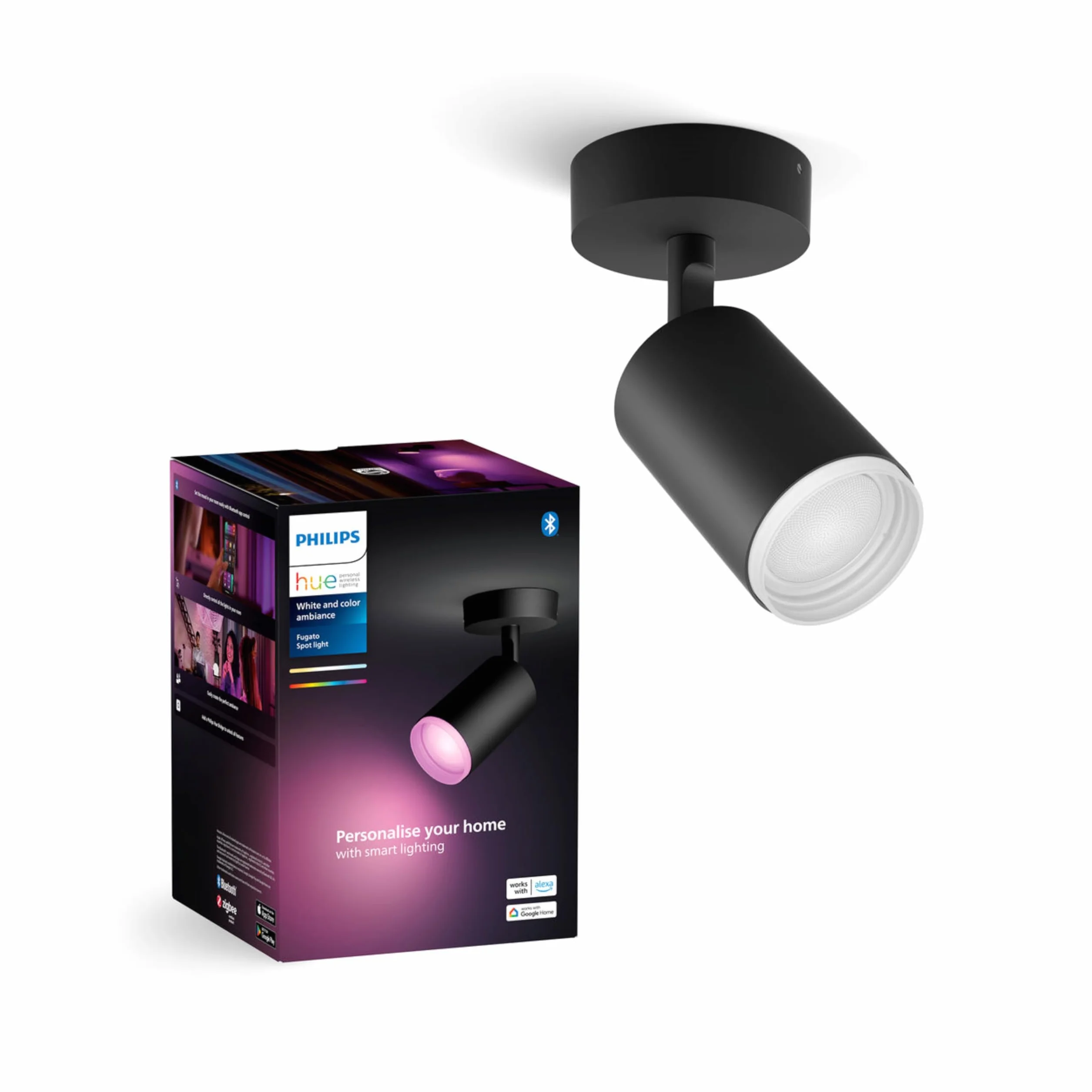 Philips Hue White & Colour Ambiance Fugato Spot 1 flg. zwart 1x350lm, dimbaar, 16 miljoen kleuren, bedienbaar za pośrednictwem aplikacji, kompatybilny z Amazon Alexa (Echo, Echo Dot)