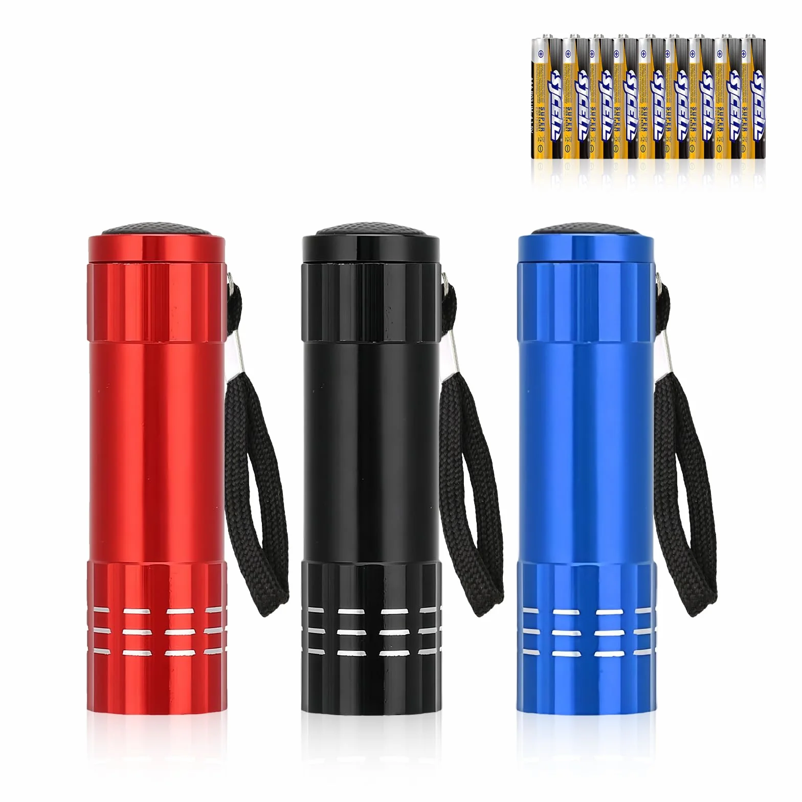 Flintronic 3-pak małych latarek LED, mała latarka kieszonkowa z 9 diodami LED, aluminiowa latarka dla dzieci, ze smyczą, super jasna, dla dzieci, dorosłych, na kemping, wędrówki, prezenty na świeżym