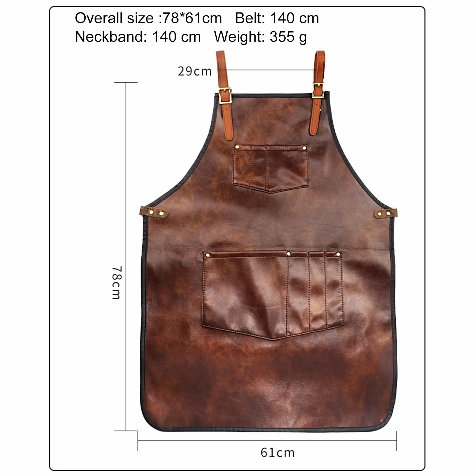 Szef Kuchni Fartuch Dla Mężczyzn i Kobiet - Wodoodporny PU Skórzany z Kieszeniami, Cross-Back Paski Do Kuchni, BBQ, Fryzjer, Barman, Handworking - Brązowy, B