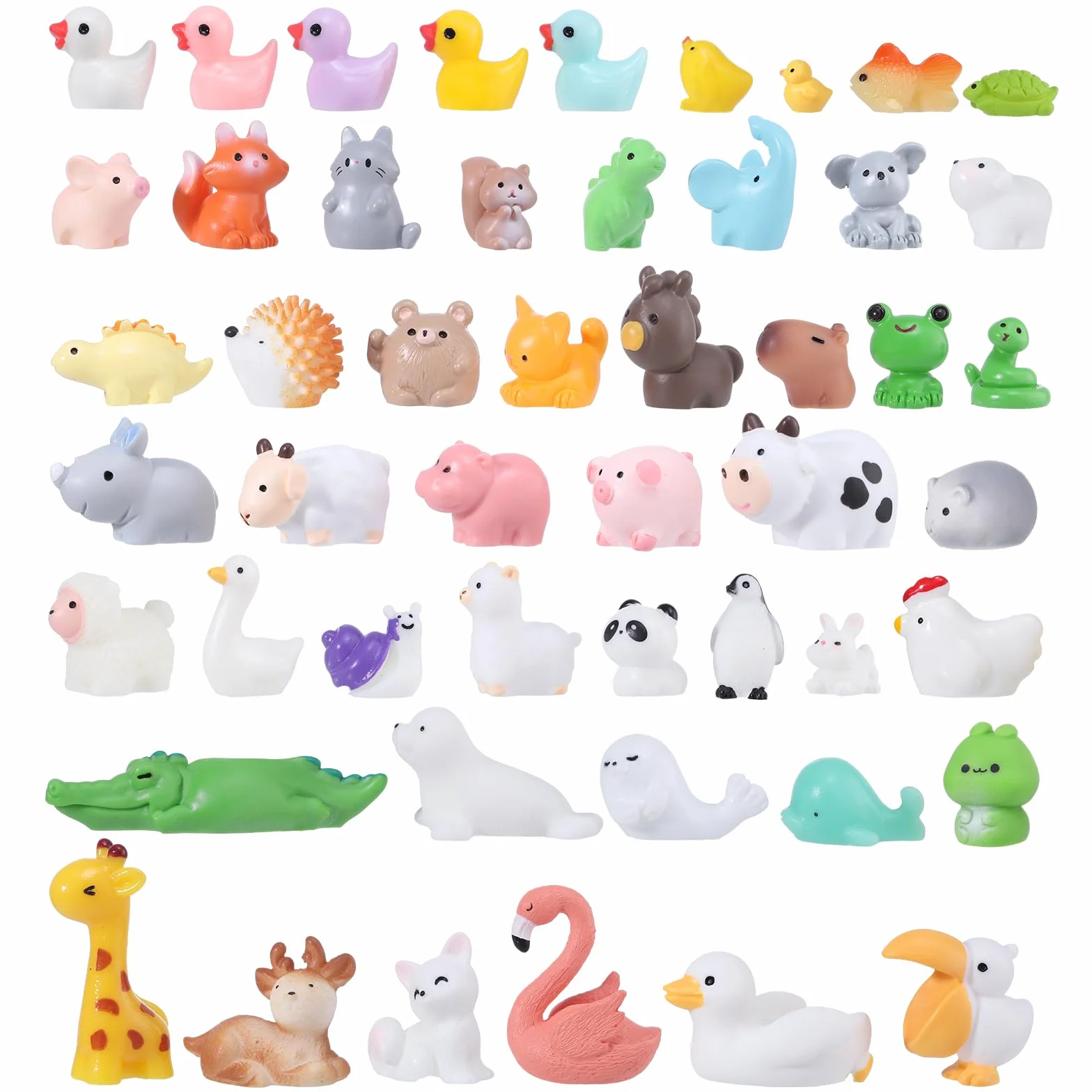XREE 50 sztuk mini figurek zwierząt z żywicy, małe zwierzęta, wielokolorowe figurki z żywicy syntetycznej, mini kaczki, koty, świnie, łabędzie, do ogrodu wróżek, miniaturowych krajobrazów, domku dla