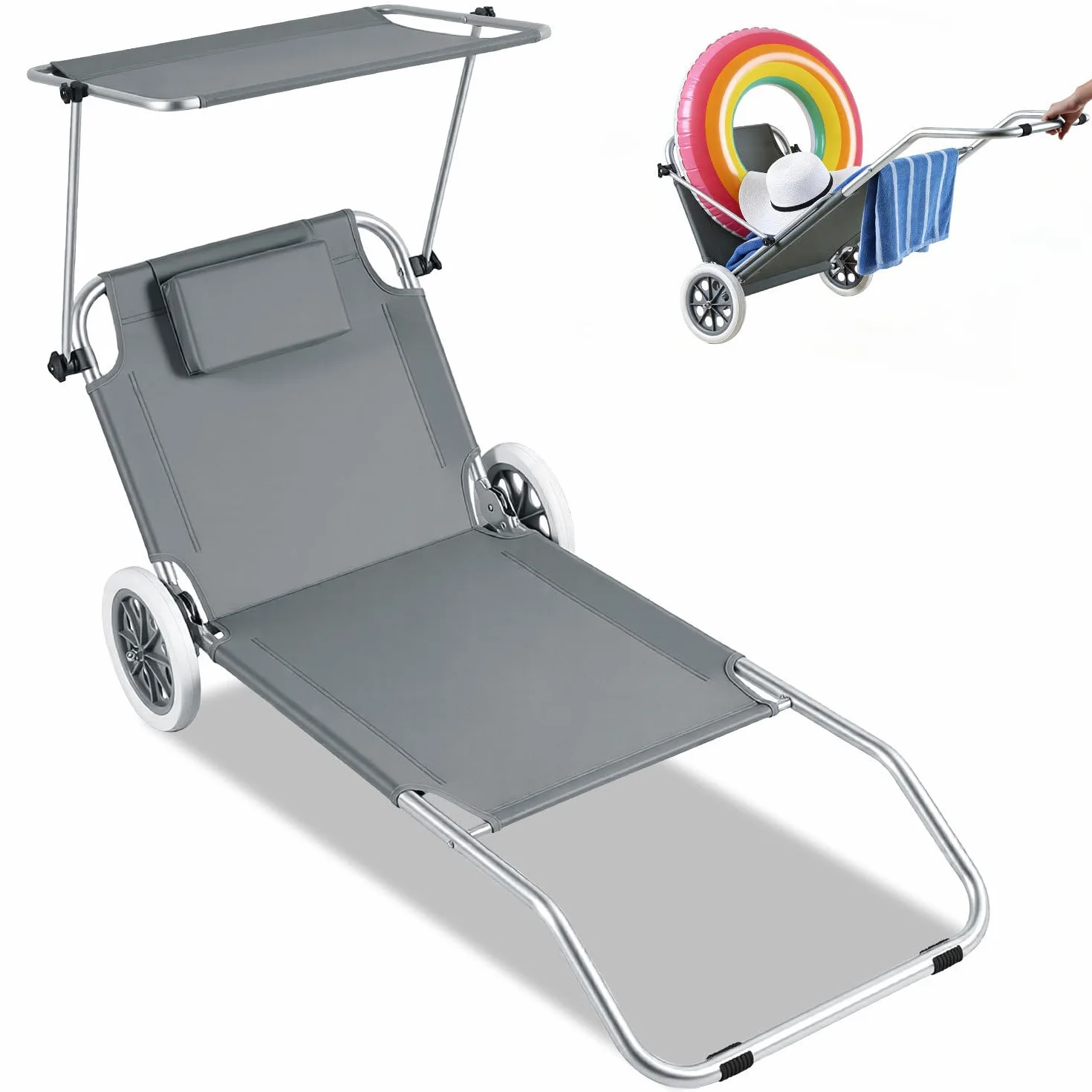 Aluminiowy leżak 2 w 1 na kółkach, składany, lekki, nierdzewny, regulowany leżak z poduszką z daszkiem przeciwsłonecznym, leżak na kółkach, do ogrodu, na plażę, pomoc w transporcie, szary