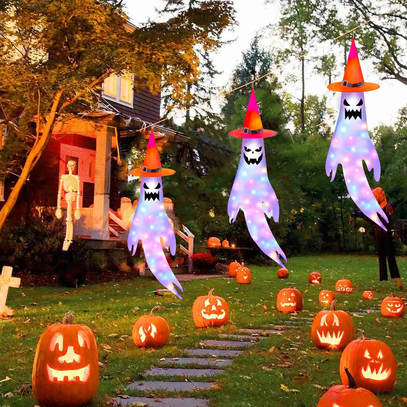 Dekoracja na Halloween wiatraki z 200 cm LED flaga ducha skarpety przeciwwiatrowe 2 sztuki