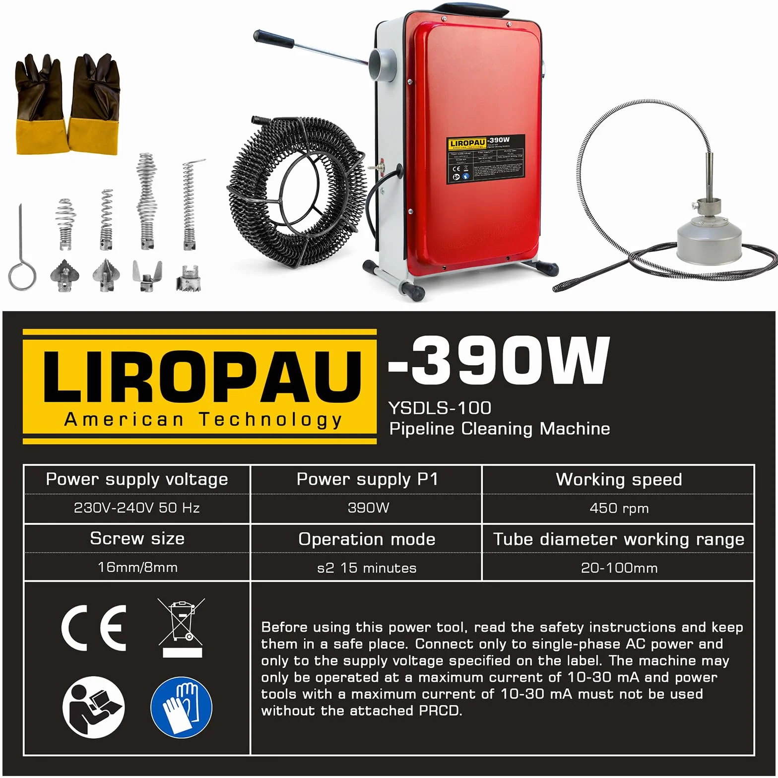 Elektryczna maszyna do czyszczenia rur 390 W, 450 obr./min, z przełącznikiem FI do rur Ø 20-100 mm, spirala do czyszczenia rur Ø 8 mm 10 m, spirale 16 mm 14,5 m, urządzenie do czyszczenia rur