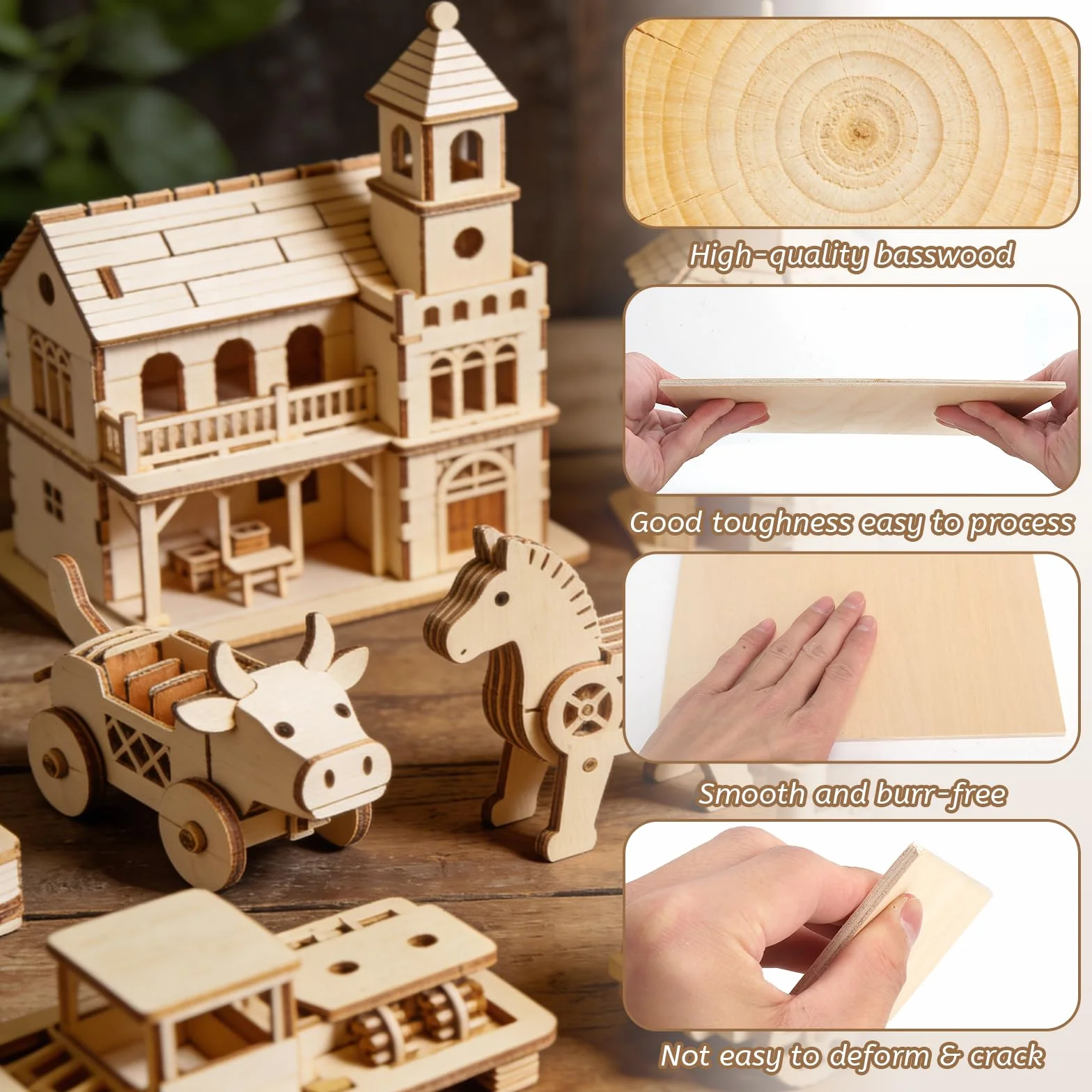 Płyty drewniane do majsterkowania, sklejka, 4 mm, laserowe malowanie, sklejka, format A5, drewno lipowe, zestaw 6 sztuk, dwustronne gładkie - do grawerowania, lasera, modelarstwa, drewna