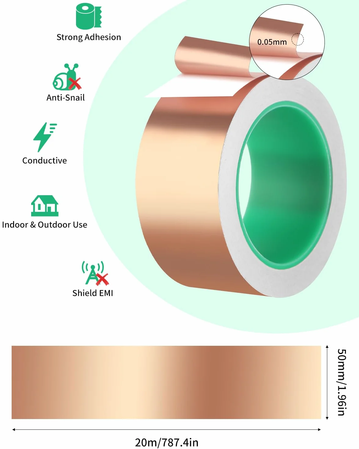 Samoprzylepna taśma miedziana 20m x 50mm, dwustronna przewodząca taśma ekranująca