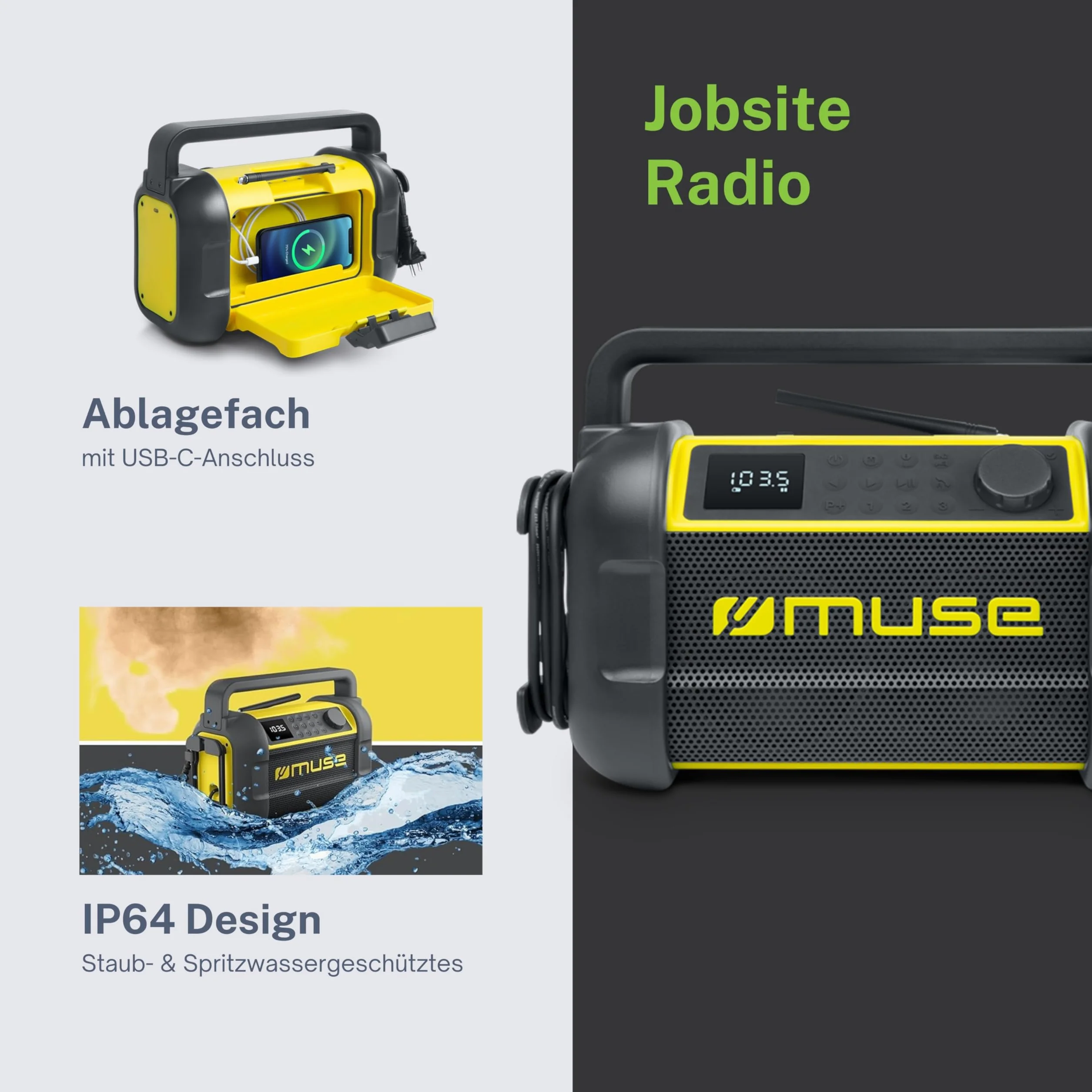 Muse M-928 BTY radio na plac budowy, wytrzymałe, odporne na kurz i wodę bryzgową (IP64), z Bluetooth i radiem FM, zintegrowaną ładowarką i złączem USB-C, czarno-żółte