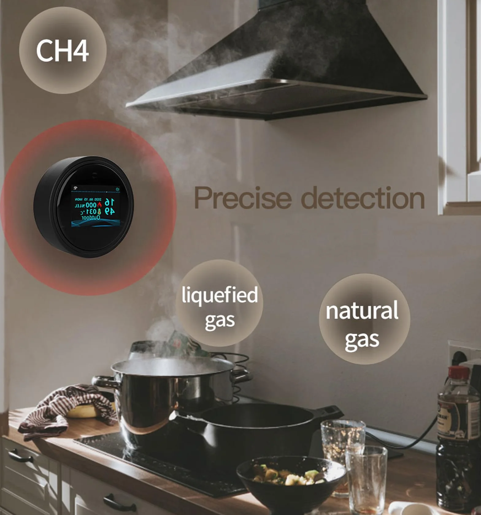 Inteligentny detektor alarmu gazowego, kompatybilny z Tuya WiFi, czujnik gazu ziemnego z powiadomieniami aplikacji, cyfrowy ekran LCD, do domu, czujnik wycieku