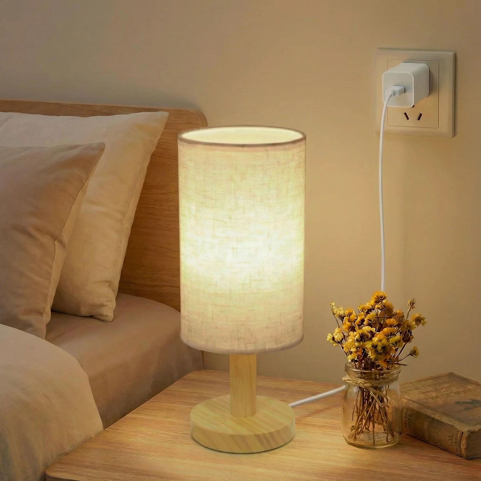 Dotykowa lampa na stolik nocny z zasilaniem USB, bezstopniowe ściemnianie, 2700 K, ciepła lampka nocna, minimalistyczna drewniana podstawa, lniany klosz, boho lampka nocna do sypialni, przedszkola