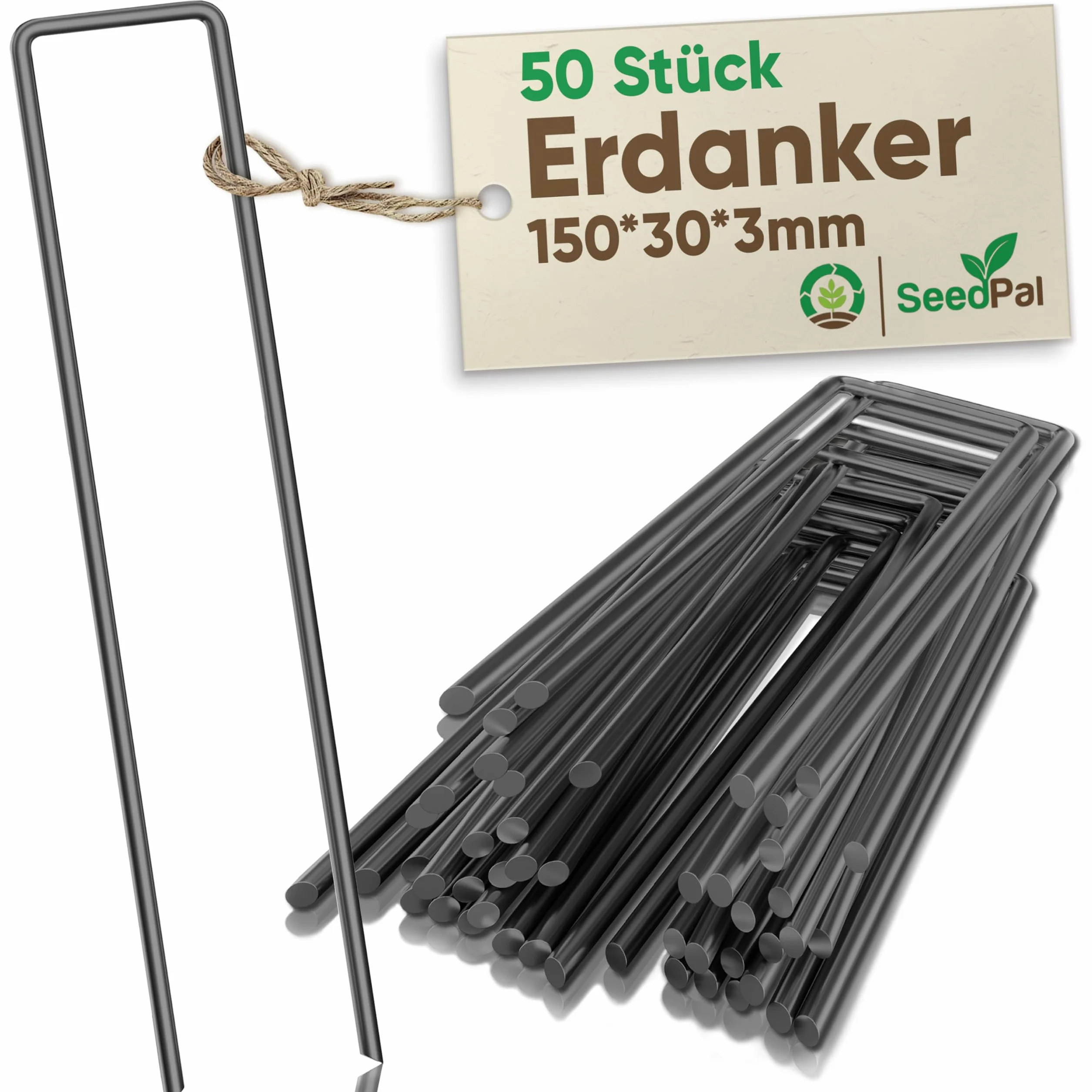 SeedPal Stalowe Słupki Mocujące (50 Sztuk) - Do Mulczowania I Ogrodnictwa, Siatki I Siatki - Długość 150 mm, Szerokość 25 mm, Ø 2.7 mm