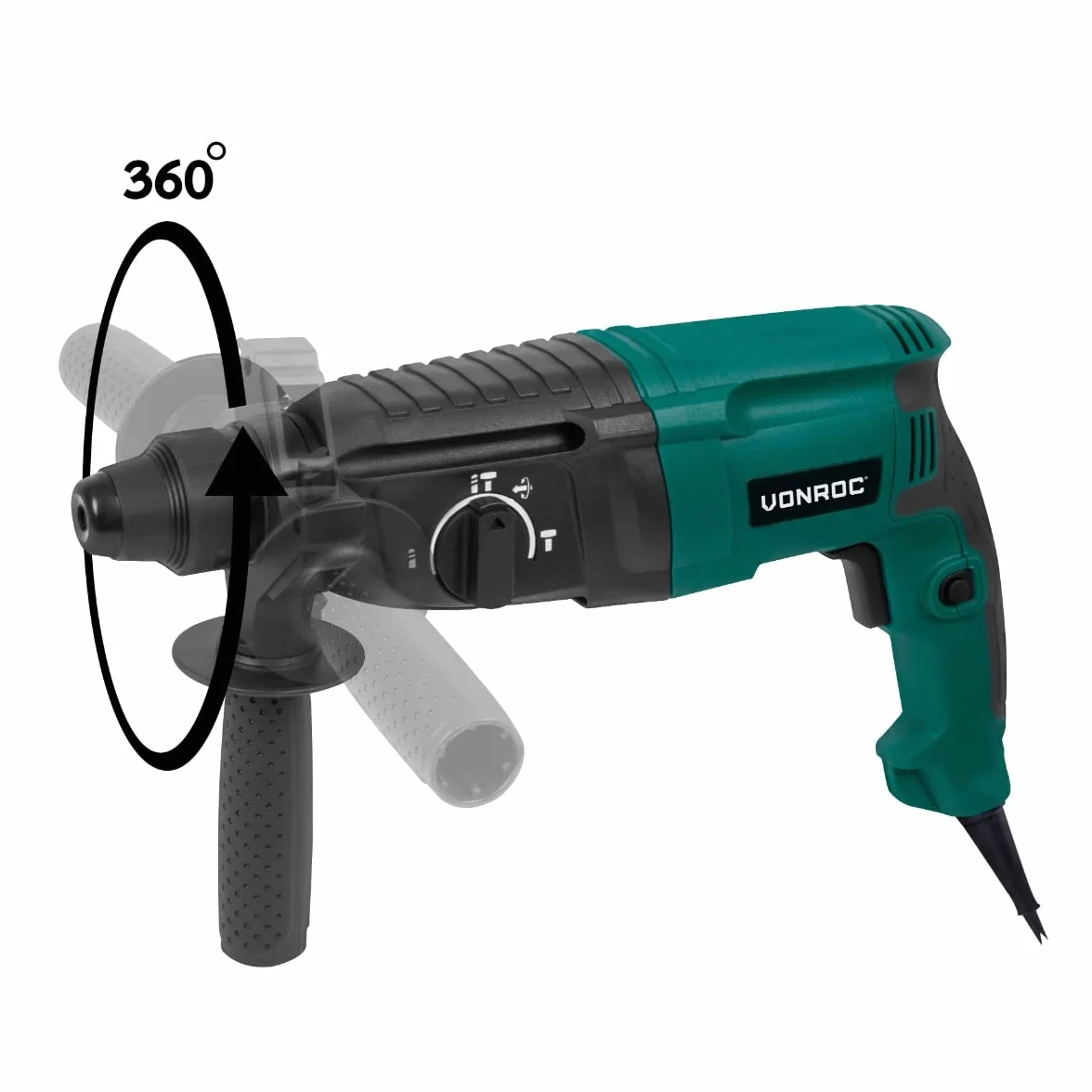 VONROC Wiertarka udarowa 800 W – 3 dżule SDS plus. 4 funkcje: wiercenie, wiercenie udarowe, dłutowanie i regulacja położenia dłuta, łącznie z wrzecionem z kluczem