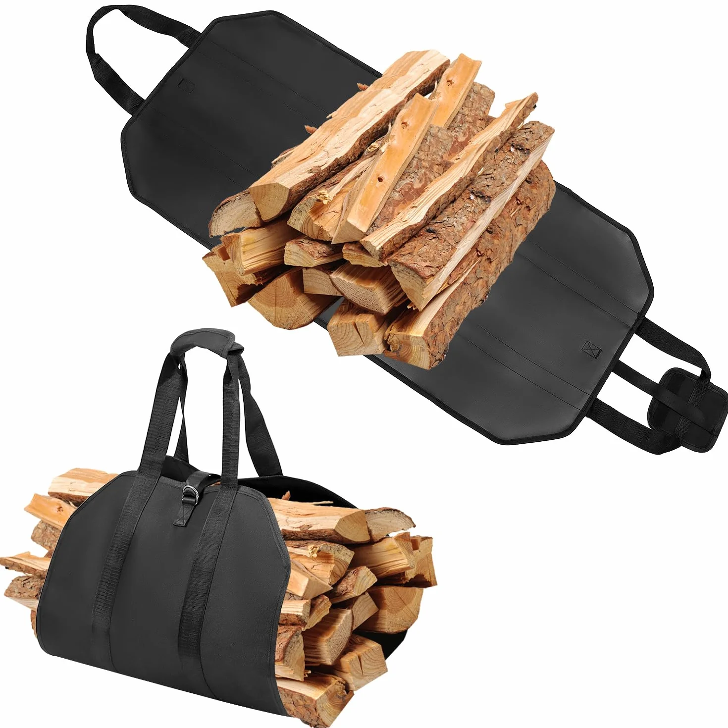 QWORK® Torba na drewno opałowe, bagażnik na drewno kominkowe, 100 x 46 cm, torba do przenoszenia drewna opałowego, do użytku na zewnątrz, czarna