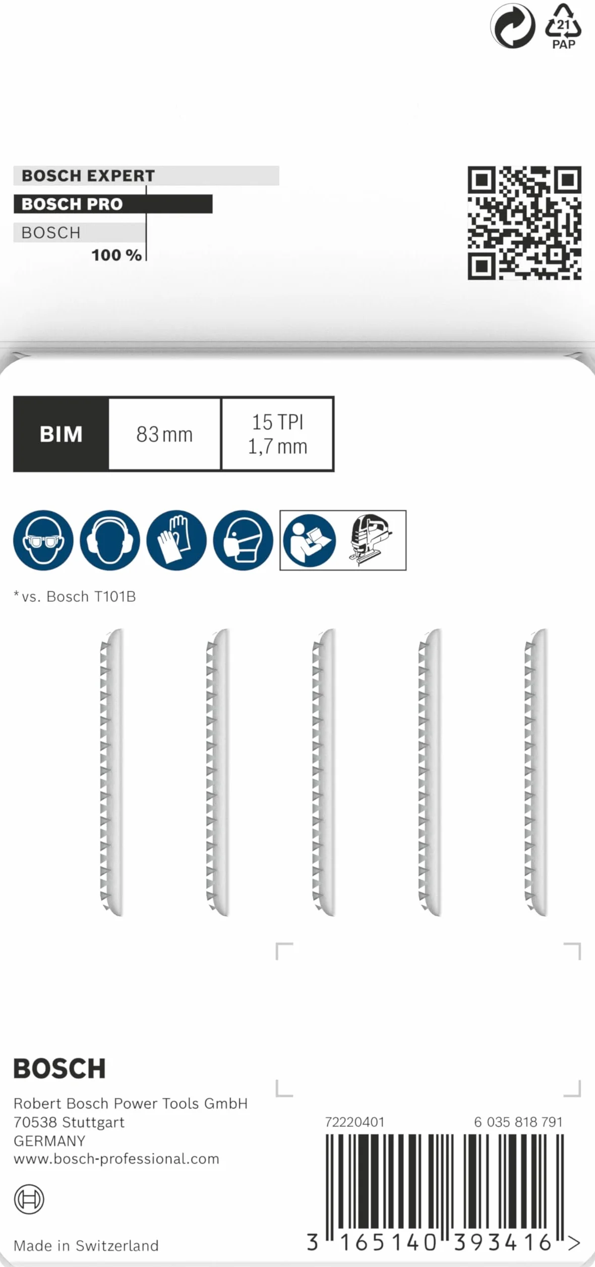 Bosch 5x Brzeszczot do wyrzynarki PRO Laminate clean T101BIF (do Parkiet, Solidny laminat winylowy, PCW, Długość 83 mm, Professional Akcesoria Wyrzynarka)