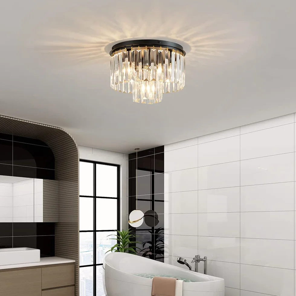 AGV LIGHTING Kryształowa lampa sufitowa, nowoczesna, półpodtynkowa lampa sufitowa, D12 x H8, podstawa E12 3 lampy, czarne wykończenie