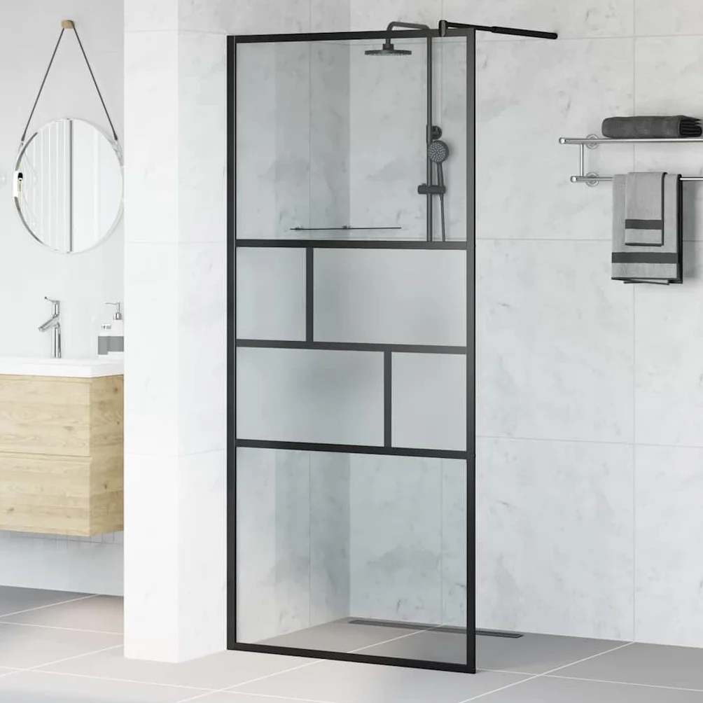 Ścianka prysznicowa Walk-in czarna ze szkła ESG i aluminium, 90 x 195 x 0,5 cm, bez ramy, bez barier, oszczędność miejsca, ochrona przed pryskaniem, do łazienki i pomieszczeń mokrych