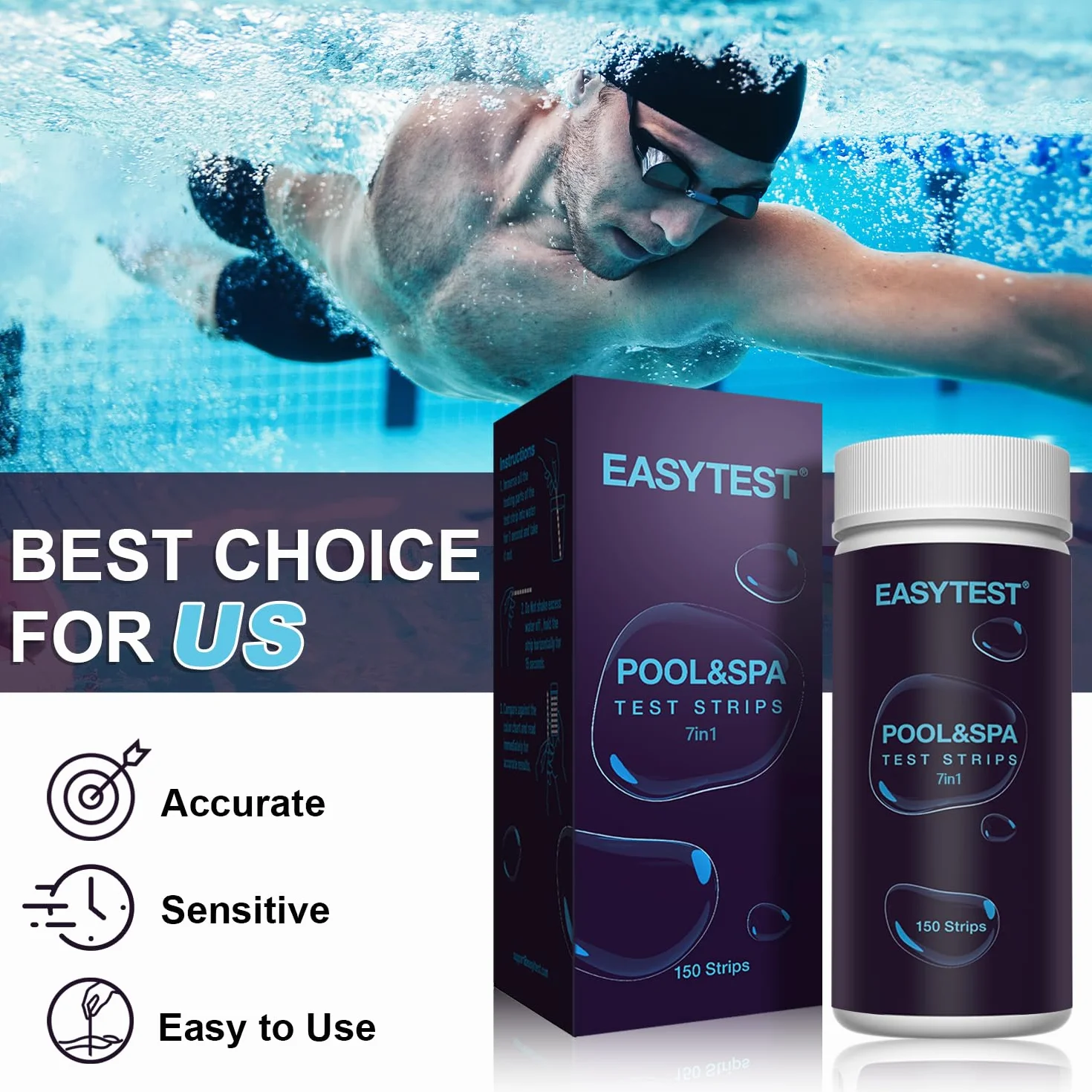 EASYTEST 7-drożne paski testowe do basenu, 150 pasków, testowanie chemiczne wody do wanny z hydromasażem i spa, dokładny test bromu, zasadowość całkowita, pH, wolny chlor, twardość całkowita, kwas