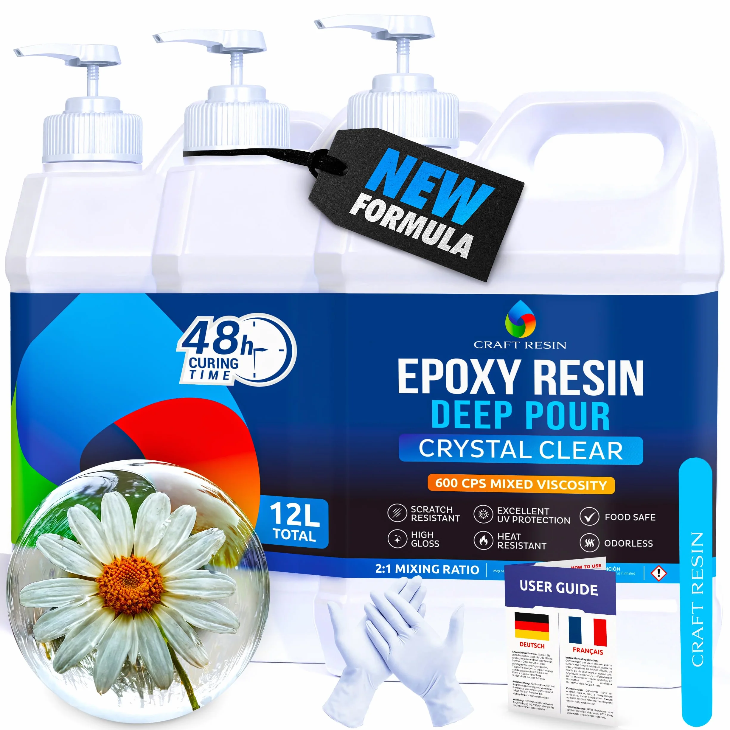 CRAFT RESIN 12L Epoksydowa Żywica Do Głębokich Odlewów – Gruba Warstwa Do 8 Cm W Jednym Odlewie – Przezroczysta Żywica Epoksydowa Do Sztuki, Stołów Rzecznych, Drewna, Płytek, Pustych Odlewów I Form