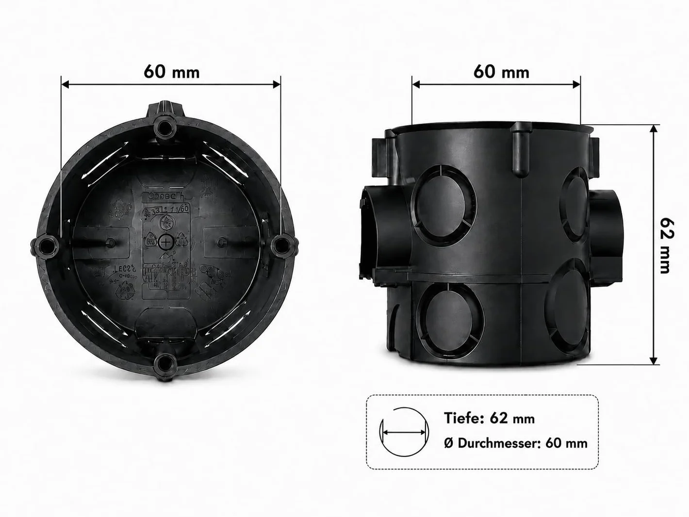 Ø 60 mm podtynkowa puszka przełącznikowa puszka na urządzenia puszka przyłączeniowa z króćcem M25 głębokość 62 mm, 15 sztuk