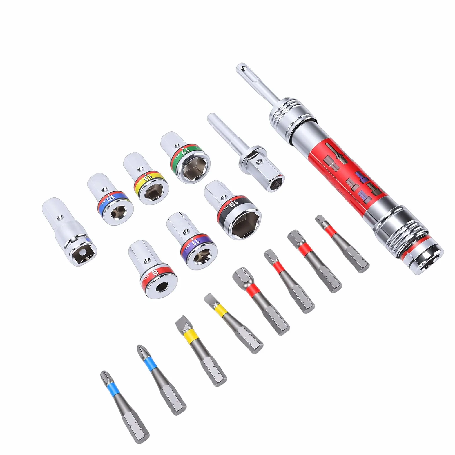 Generic Zestaw Przedłużaczy do Końcówek Nasadowych Solidny Wkrętak Nasadowy ze Stali Stopowej do Montażu w Szafce, Wymienny System wierteł, 7 Nasadek 8 Mm–19 Mm, Odpowiedni dla Wykwalifikowanych