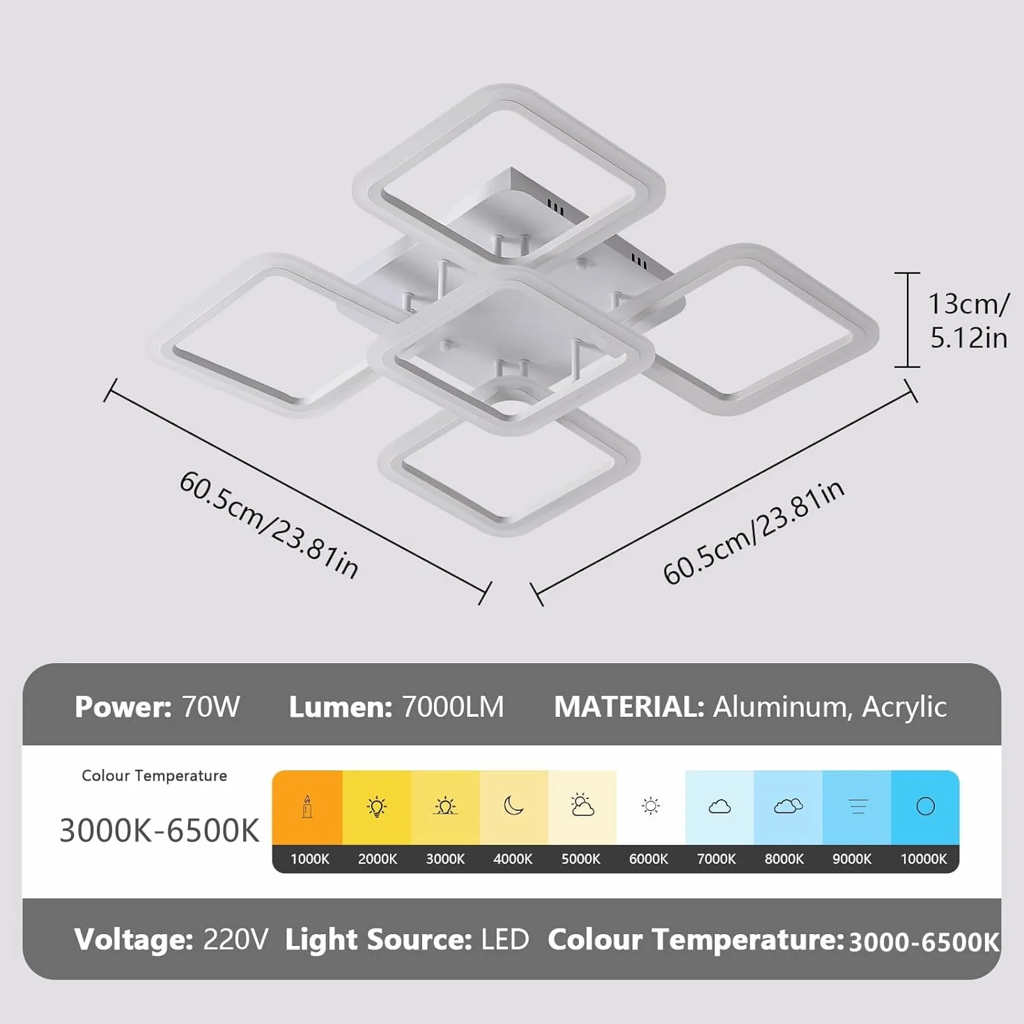 Comely Regulowany Plafon LED, Biały 5 Kwadratowy 57W 6400LM Lampa Sufitowa LED Z Pilotem 3000K-6500K, Nowoczesna Oprawa Sufitowa Do Salonu, Sypialni, Jadalni