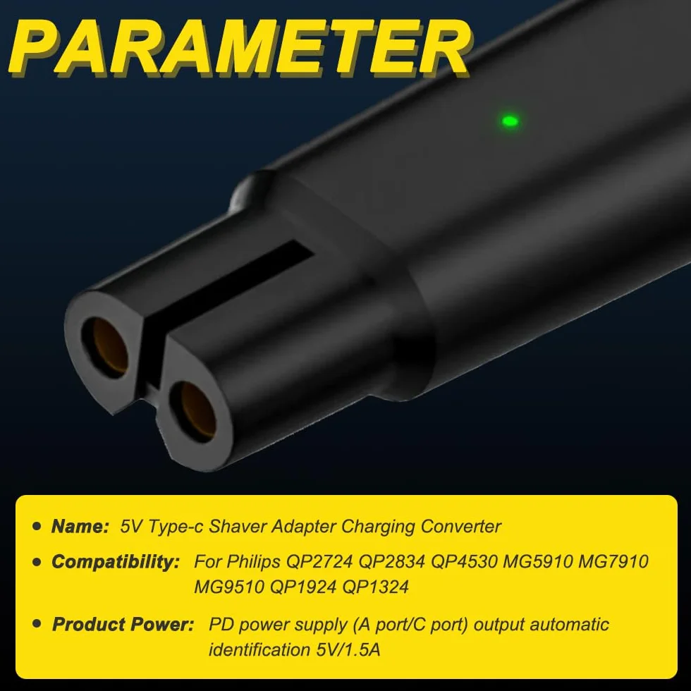 Xiatiaosann Ładowarka do golenia 5V typu C konwerter do Philips QP2724 QP2834 QP4530 MG5910 MG7910 MG9510 QP1924 QP1324 ze światłem LED (2 szt., czarny)