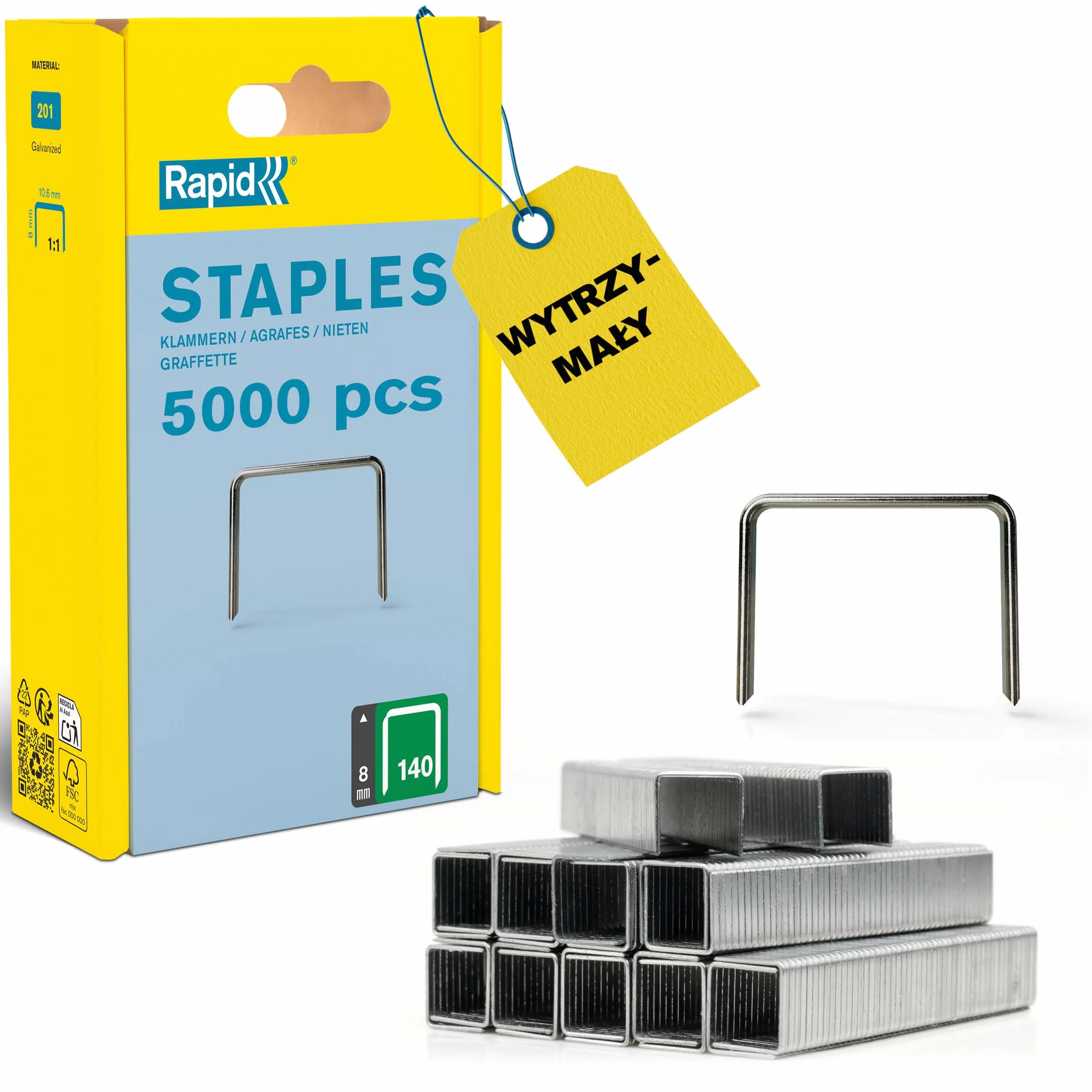 Rapid Zszywki o wysokiej wydajności, nr 140, długość nogawki 8 mm, 11908111-5000 sztuk - srebrne