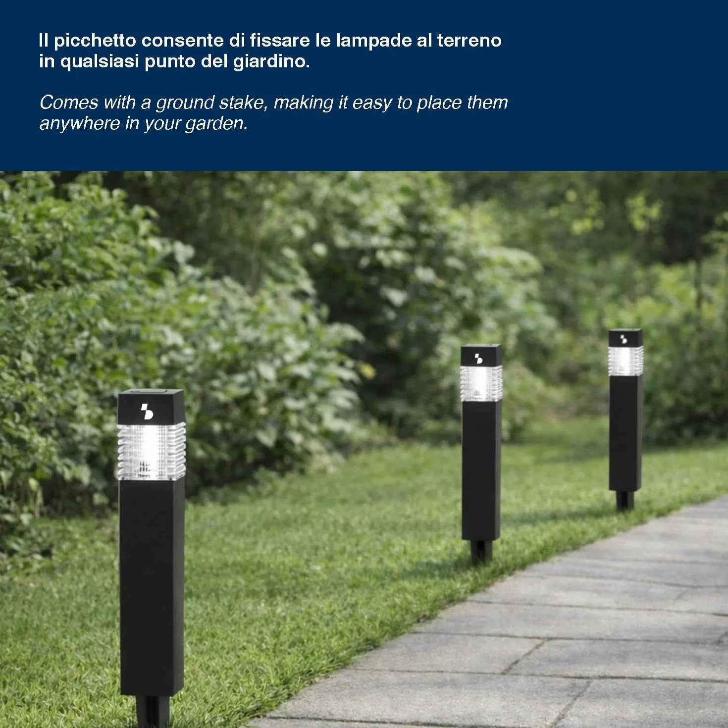 BEPER P207ILO030 Zestaw 3 solarnych lamp schodowych, zewnętrzne lampy solarne LED z kolcami, automatyczne włączanie, oświetlenie ścieżek i rabat kwiatowych, IP44