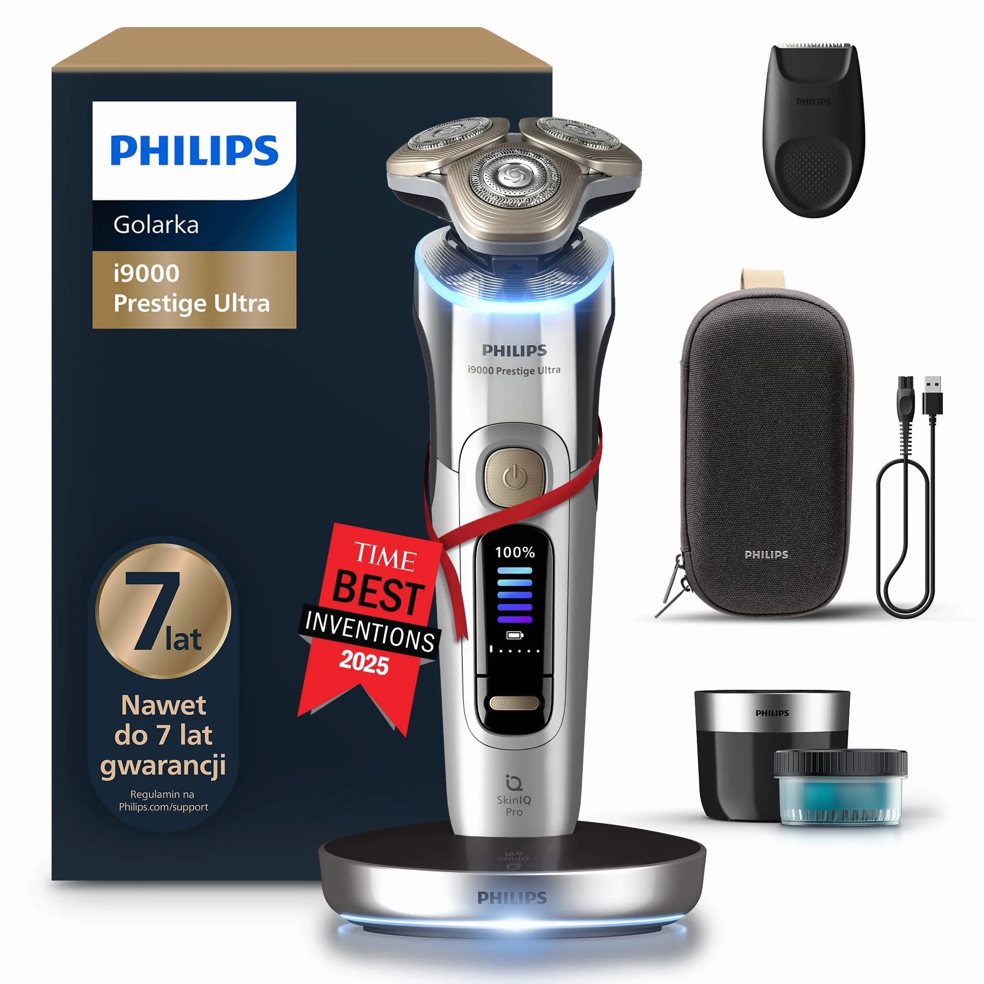 Philips Shaver i9000 Prestige Ultra, golarka elektryczna do golenia na sucho i mokro z technologią Skin IQ Pro, System Triple Lift & Cut, obrotowe 360º ostrza, 5 trybów golenia, Model XP9404/31