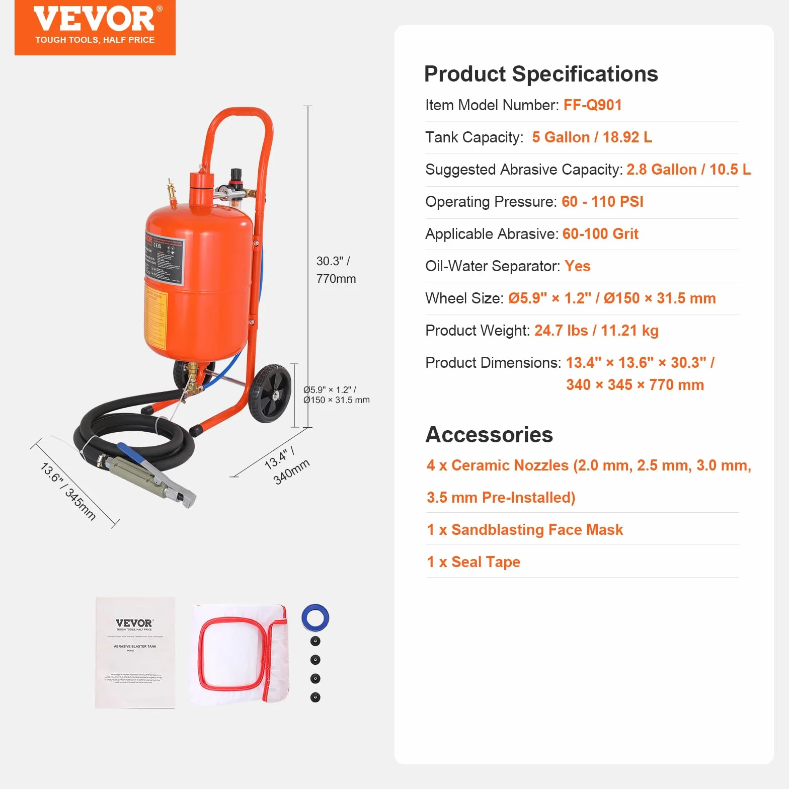 VEVOR Przenośna piaskarka 18,92 l, piaskarka 243,84 cm, wąż roboczy, piaskarka, ciśnienie robocze 60-110 psi, idealne do usuwania rdzy, farby, plam i polerowania dużych powierzchni