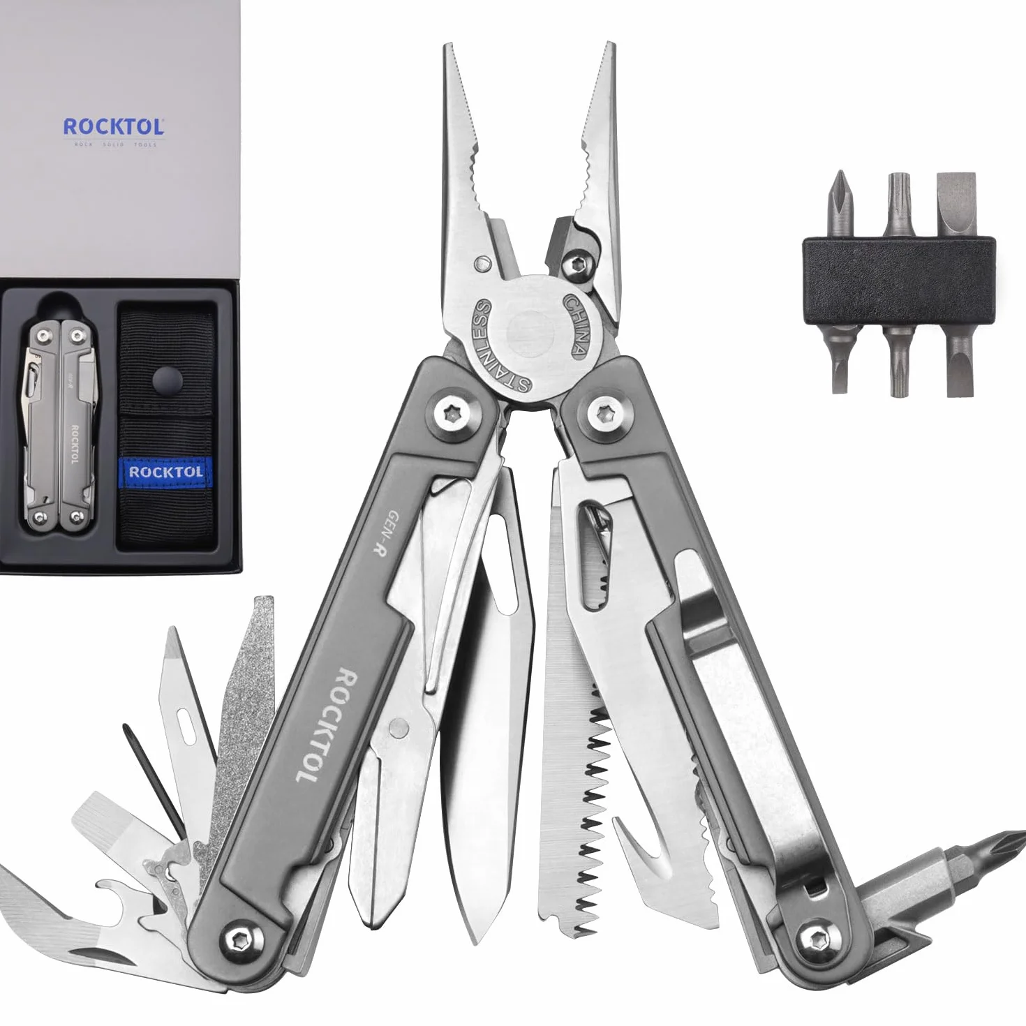 ROCKTOL Szczypce wielofunkcyjne, nóż kieszonkowy EDC Multitool VG10, narzędzie wielofunkcyjne 27 w 1, z uchwytem pokrytym tytanem, precyzyjny śrubokręt, hak do polowania, wędrówek z plecakiem