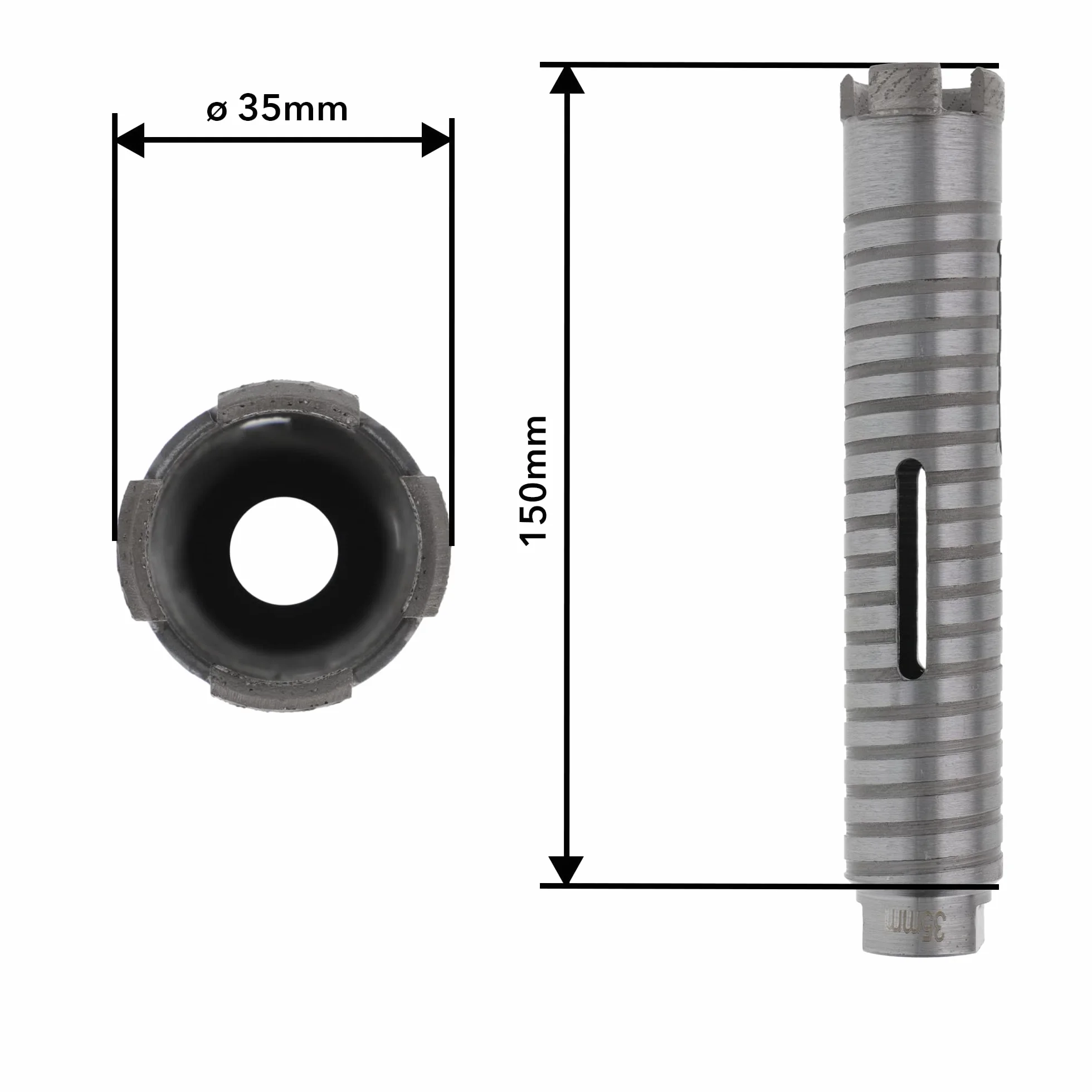 PRODIAMANT Diamentowa wiertnica rdzeniowa ø 35 mm długość efektywna 150 mm z adapterem SDS do młotowiertarki, segmenty spawane laserowo do wiercenia na sucho