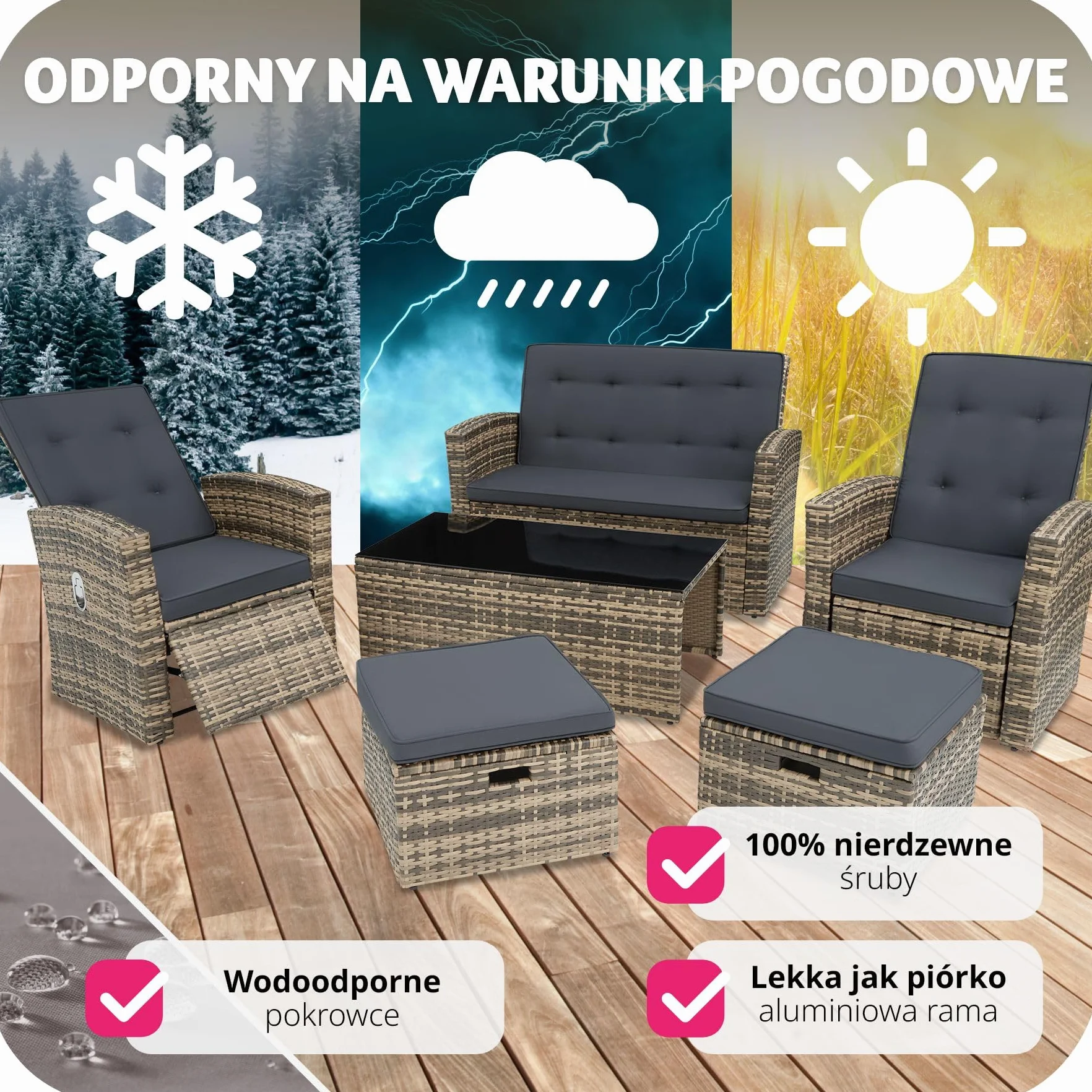 tectake® Zestaw Mebli Ogrodowych Bari, 6-osobowy, Wysokiej Jakości Technorattan UV, Aluminiowa Rama, Regulowane Oparcia, Stolik ze Szkłem Bezpiecznym (Naturalny)